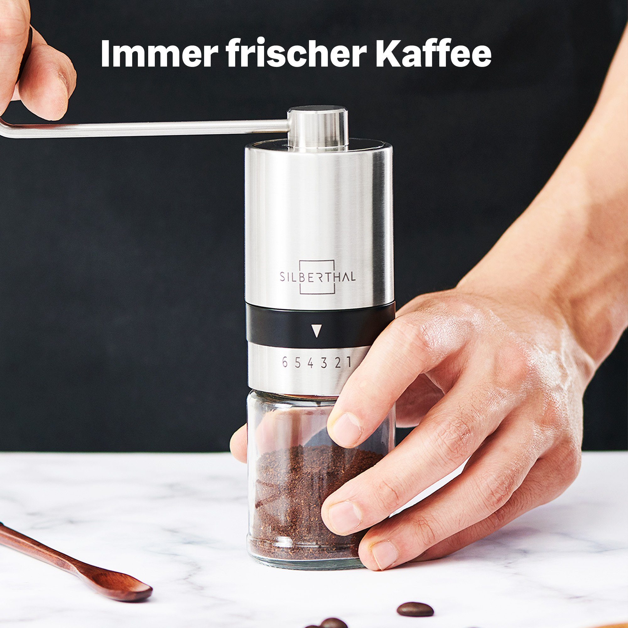 SILBERTHAL Kaffeemühle manuell, Kegelmahlwerk, 17,00 g Bohnenbehälter, Handmühle aus Edelstahl mit Ersatzglas und Reinigungspinsel