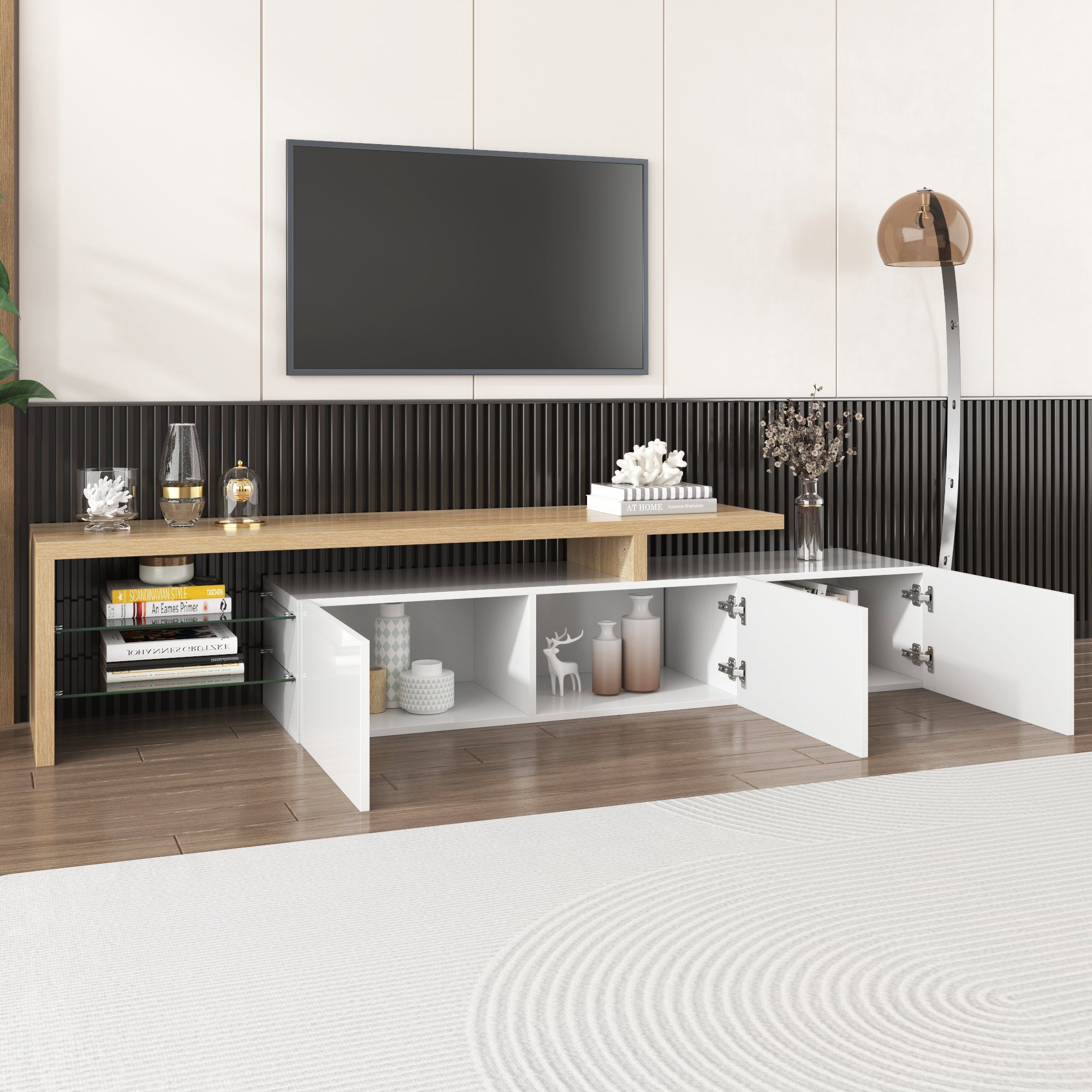 Merax Lowboard, mit Glasablgen und LED-Beleuchtung, Fernsehtisch Hochglanz, TV-Schrank