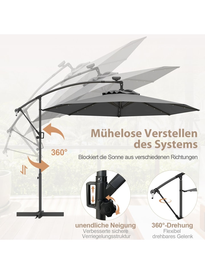 COSTWAY 300cm Sonnenschirm mit LED-Solar-Beleuchtung in Anthrazit günstig kaufen onesize