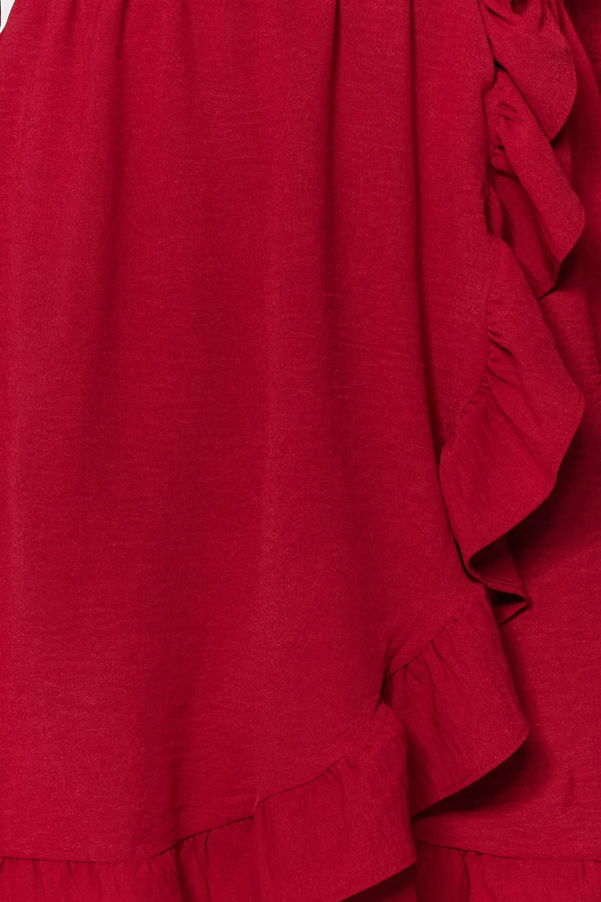 Trendyol Collection  Burgunderrotes Minikleid mit gewebtem Volant und Gürtel TWOAW24EL00249