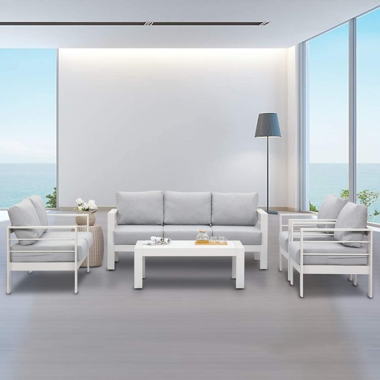 MeXo Gartenlounge-Set (Gletscherbach) Lounge Set modisches Gartenmöbelset für 6-7 Personen, Balkonset Sitzmöbel-Set Rahmen aus Aluminium Indoor Outdoor (Weiß)