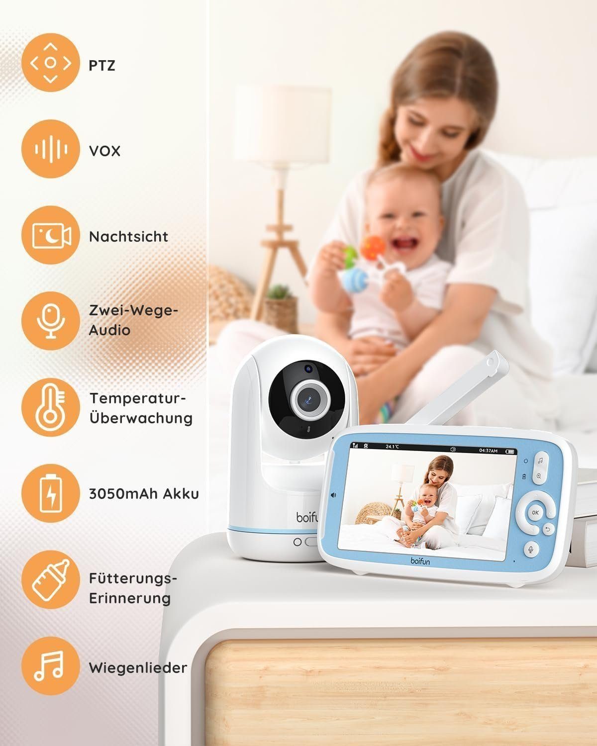 Boifun Babyphone 5'' 720P IPS Bildschirm intelligenter Kamera Babymonitor mit SD Karte, HD PTZ 330°/135°, 3×Zoom, VOX Funktion, Zwei-Wege-Audio Babyphone, Fütterungserinnerung,Lautstärke-LED,Kabellos Drehbare Kamera, 3050mAh Akku,Nachtsicht, Temperat