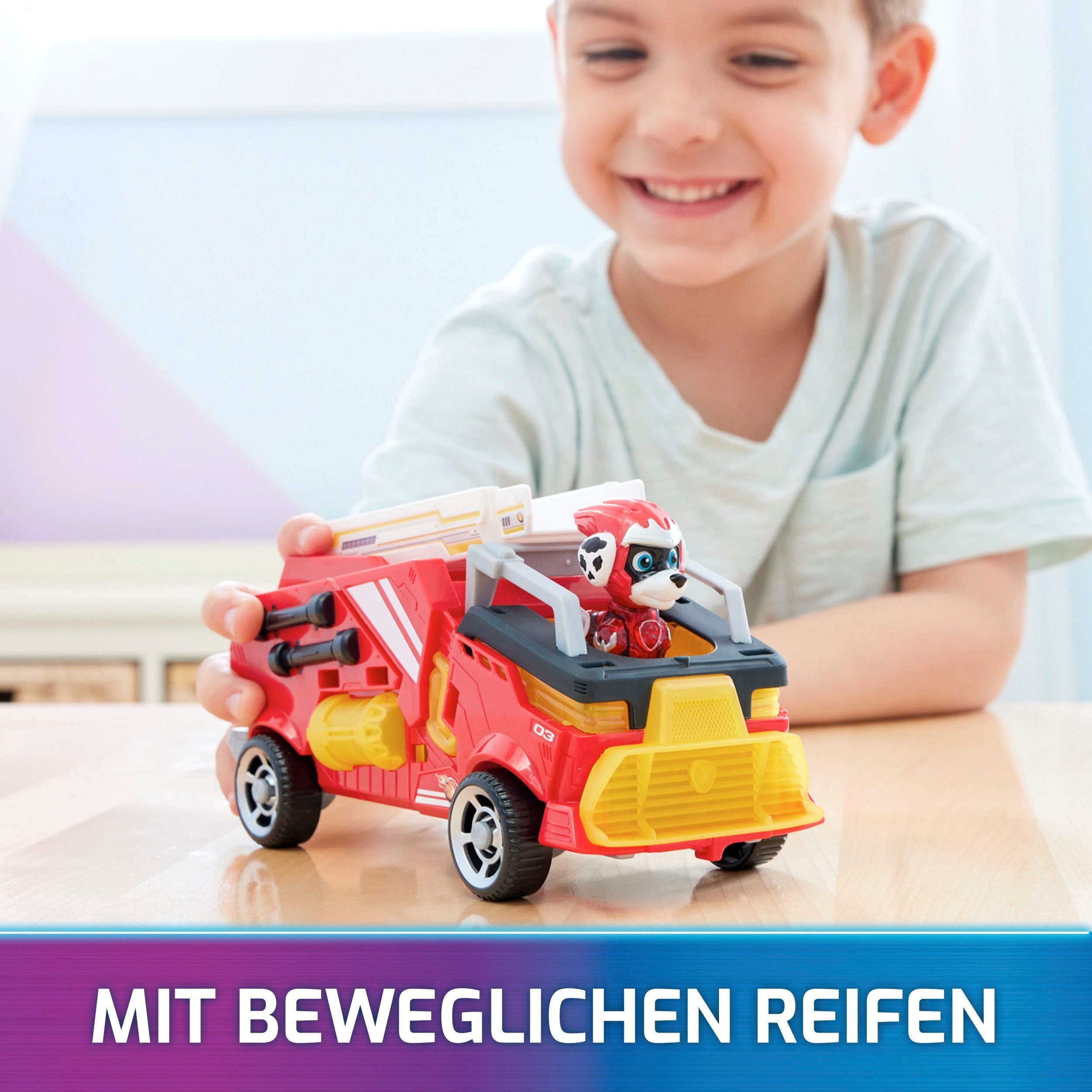 Spin Master Spielzeug-Auto PAW Patrol, Der Mighty Kinofilm: Superhelden-Basis-Fahrzeug, von Marshall Löschzug mit Welpenfigur, Licht- und Soundeffekt