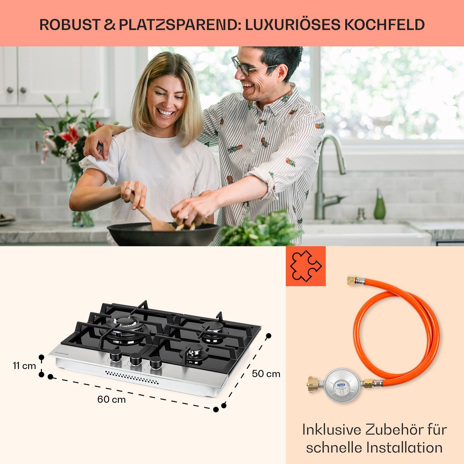 Klarstein Gas-Kochfeld Alchemist 3 Gaskochfeld 3-flammig Aluminium-Brenner Glaskeramik CP11-Alchemist-3, 3 flammen brenner Kochfelder Gaskochfelder