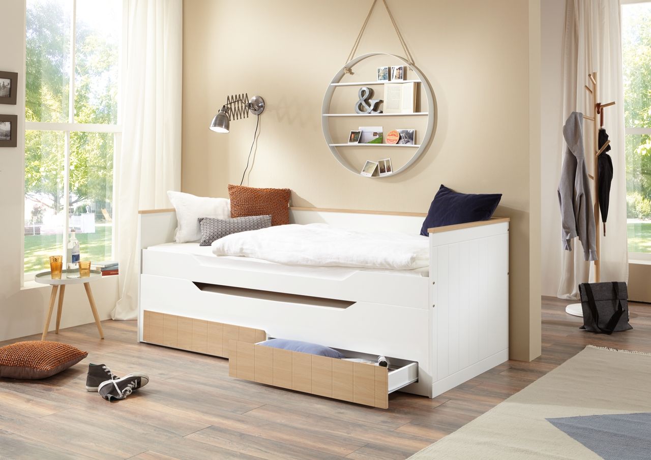 Relita Funktionsbett RONNY 2 Liegeflächen in weiß & 2 Schubladen massiver Buche, natur lackiert