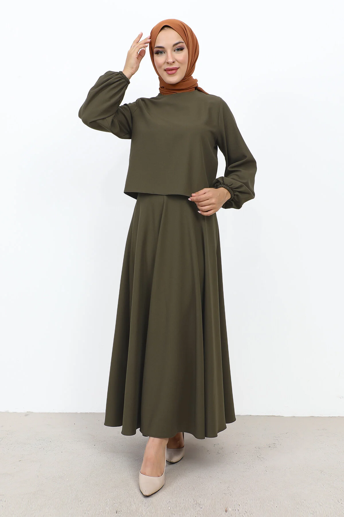 Tesettür Dünyası  Rockanzug mit elastischen Ärmeln TSD231105 Khaki