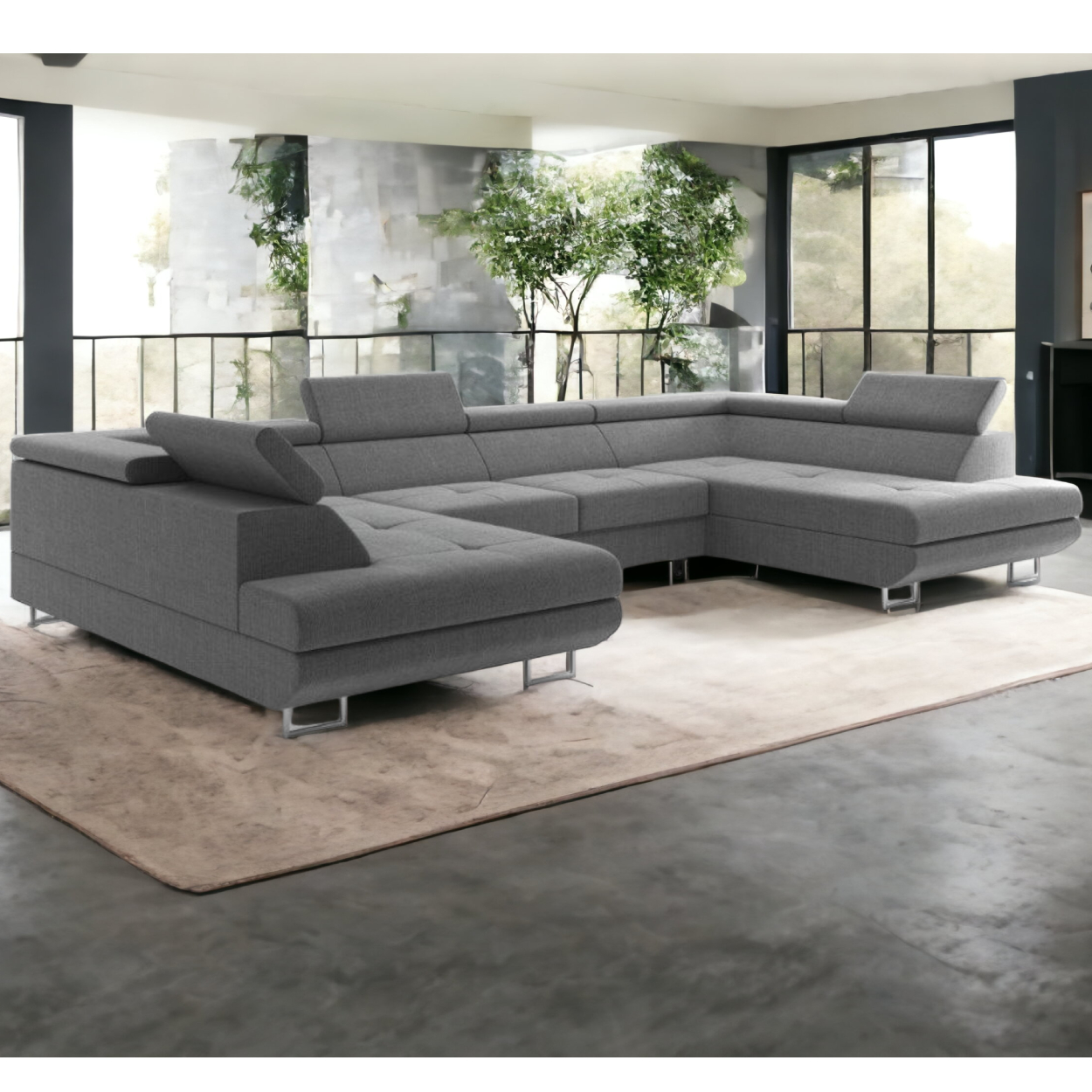 Möbel Punkt Wohnlandschaft U–Form Ecksofa Monaco Webstoff Grau mit Bett Bettkasten Kopfteilverstellung Bigsofa