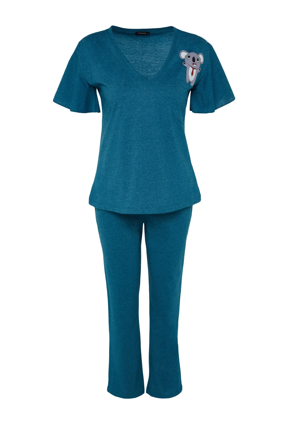 Trendyol Collection  Petrolfarbenes Pyjama-Set aus Baumwolle mit Koala-Print und Ärmeln sowie Schwungrad-Details THMSS20PT0172
