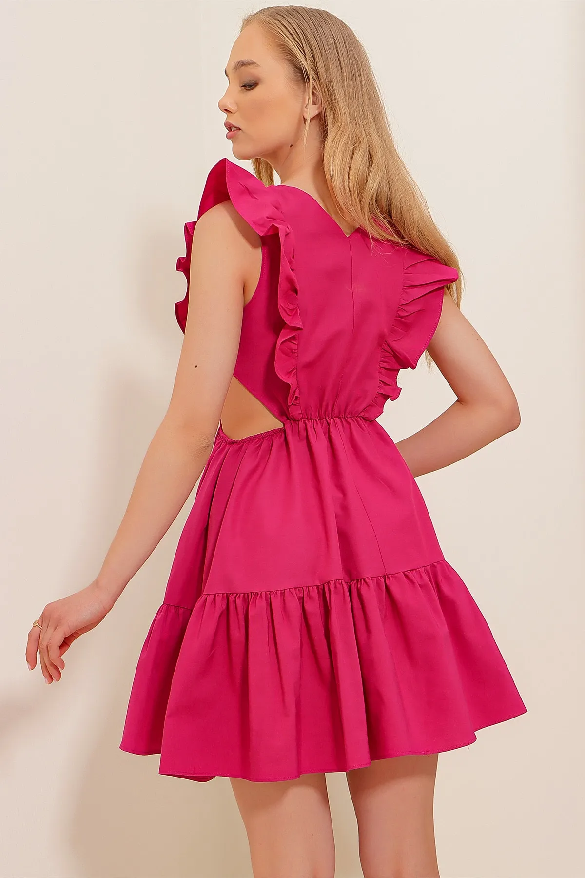 Trend Alaçatı Stili  Fuchsiafarbenes Popelinekleid mit U-Boot-Ausschnitt und niedriger Taille für Damen ALC-X8503