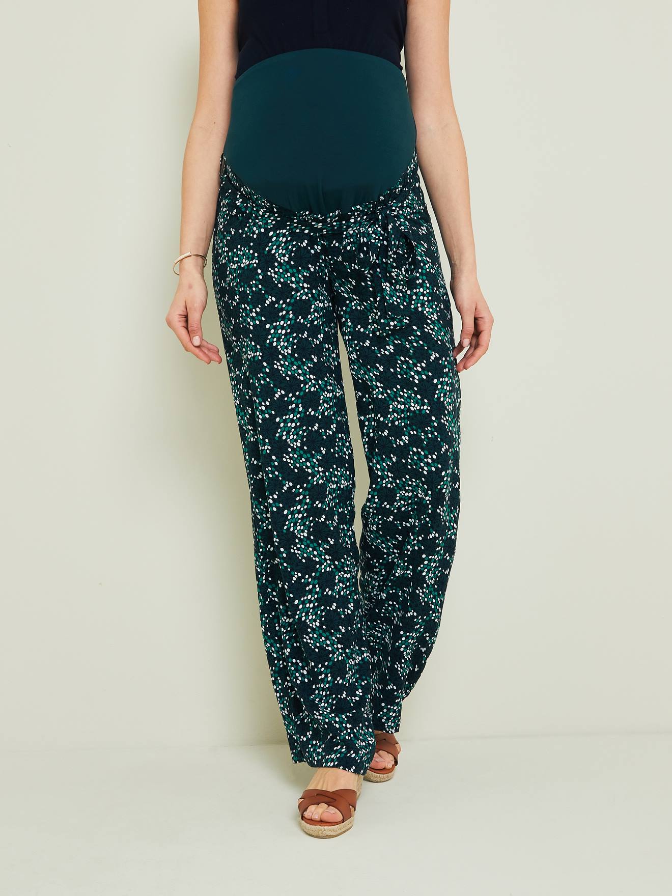 Pantalon de grossesse en viscose imprimée fleuri vert forêt