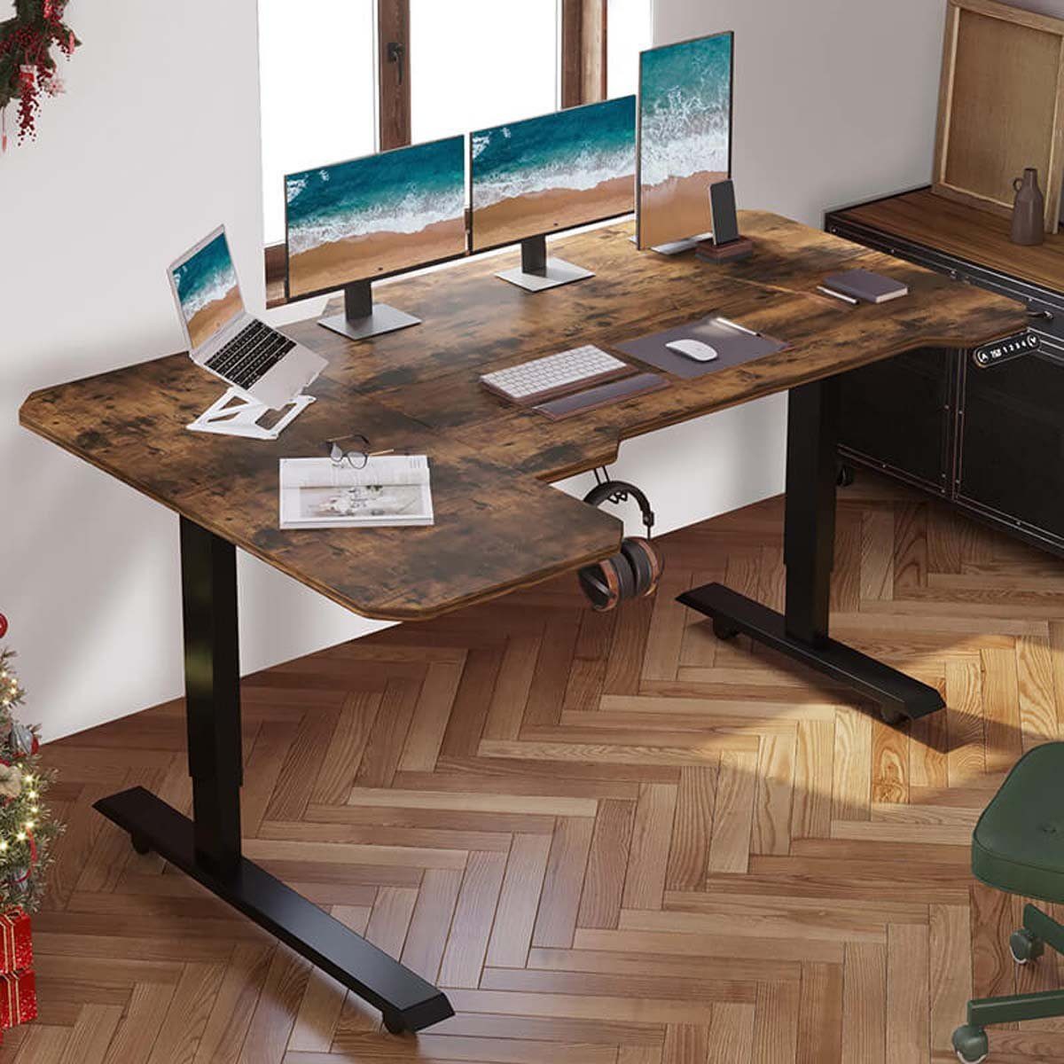 Radlove Schreibtisch Höhenverstellbarer Schreibtisch (150 CM, 4-Memory Steuerung, Rollen, Haken, Drahtkorb), Schreibtisch Höhenverstellbar Elektrisch L Form