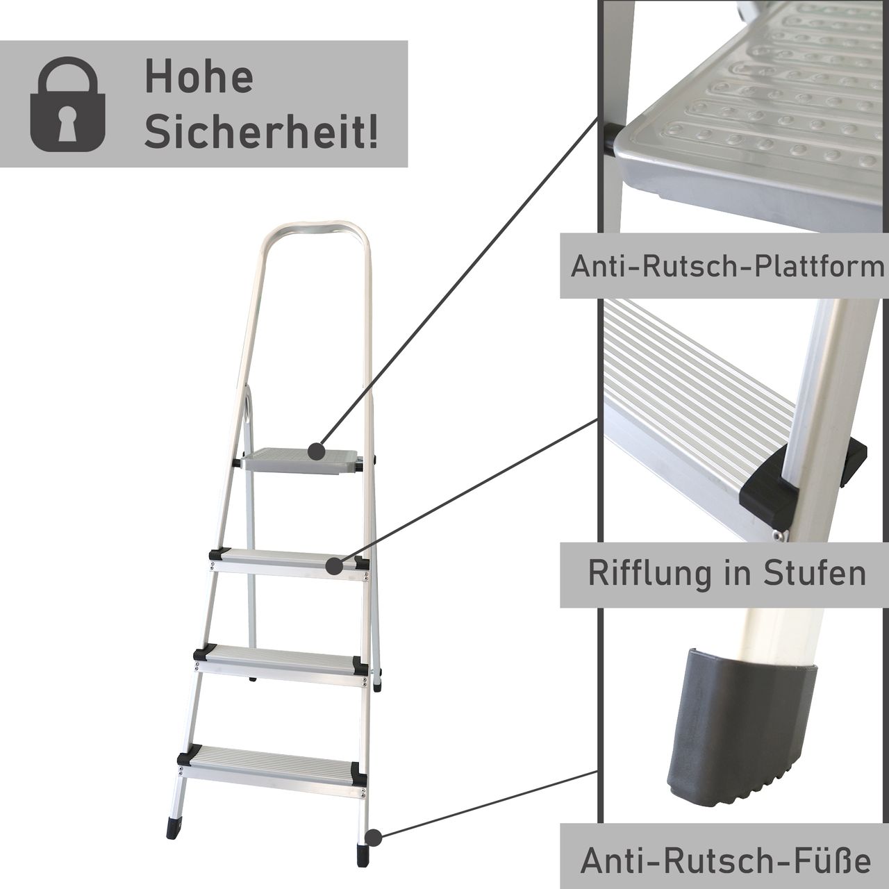 Lemodo Stehleiter mit 4 Stufen, Aluminium Trittleiter