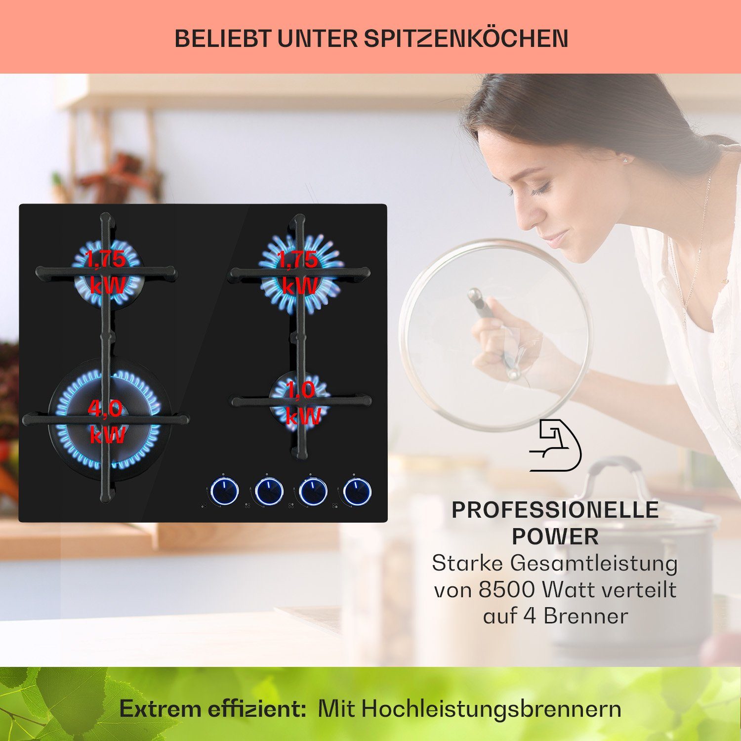 Klarstein Gas-Kochfeld Illuminosa 4 Gaskochfeld 4-flammig Sabaf-Brenner Glaskeramik CGCH6-Illuminosa-4, 4 flammen brenner Kochfelder Gaskochfelder