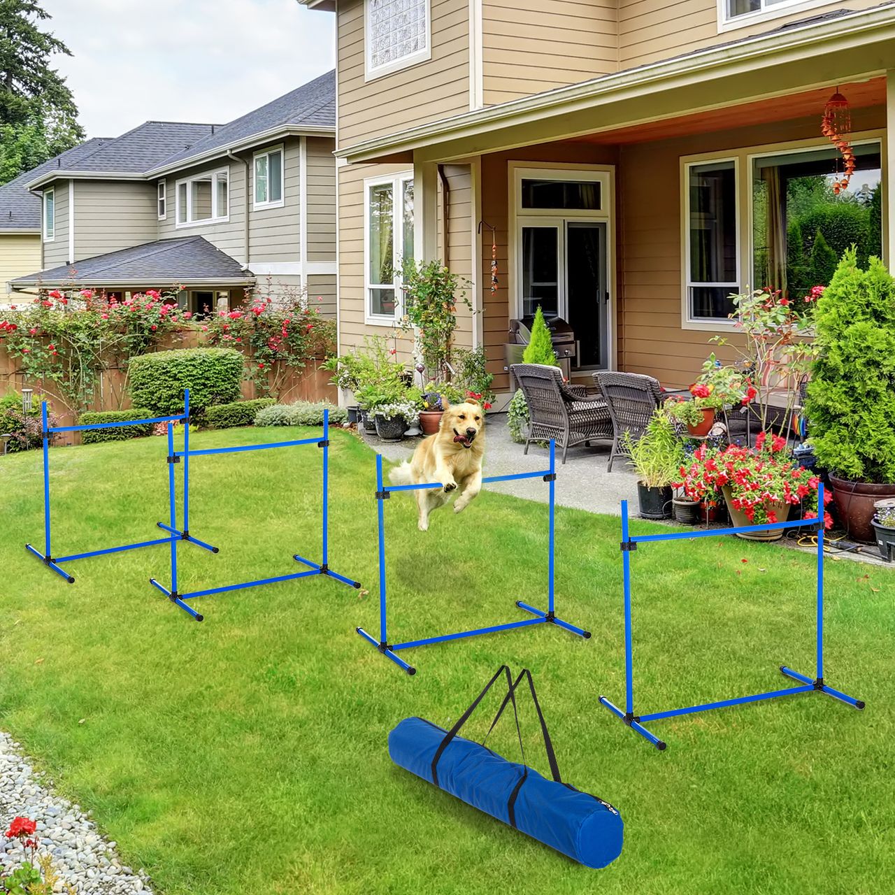 PawHut Agility Hürdenset Slalom Stangen Hunde Training Set 4 x Hürden Blau