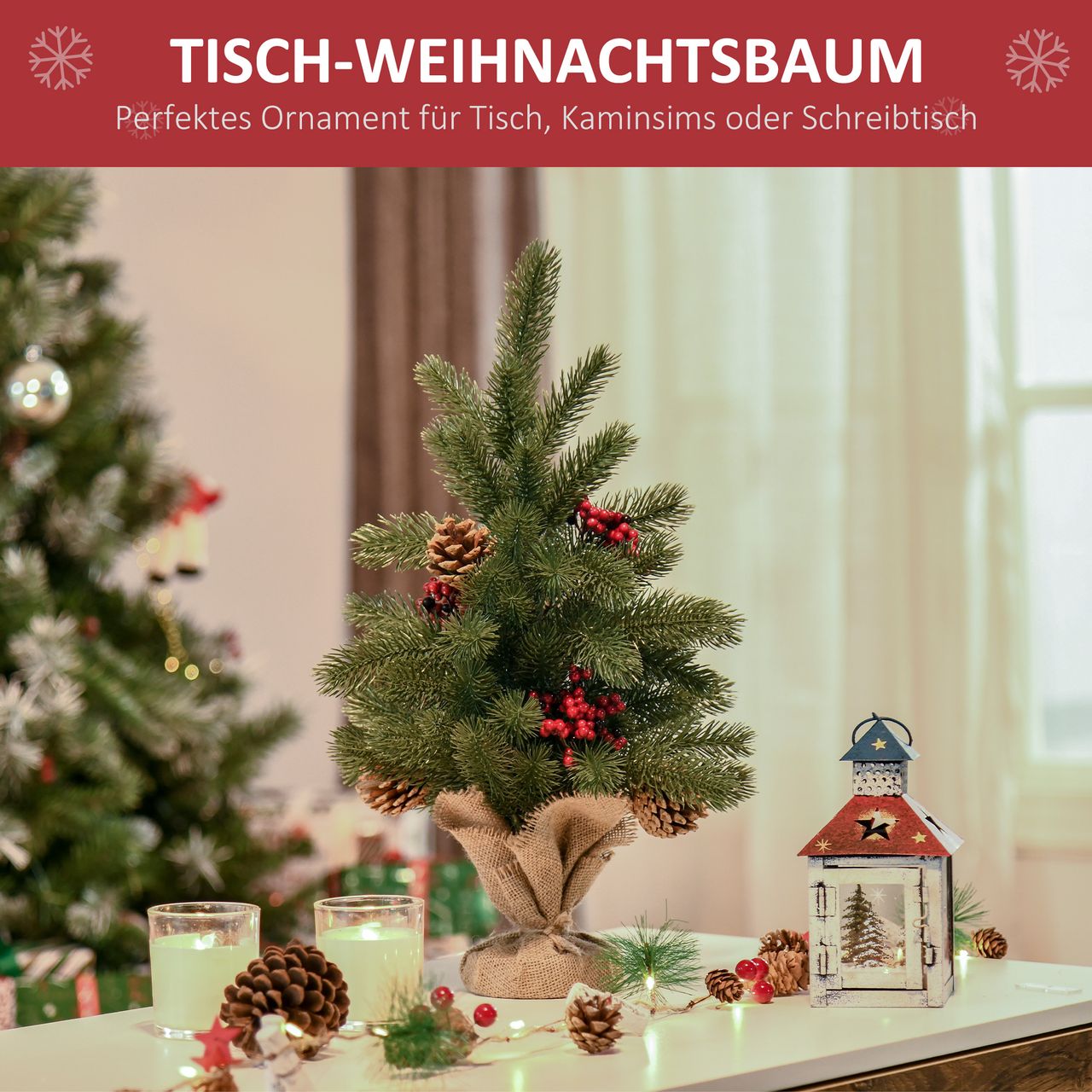 HOMCOM Weihnachtsbaum 50 cm Christbaum mit 4 roten Beeren und 4 Tannenzapfen Kunsttanne 55 Zweige Stabiler und haltbarer Sockel für Tisch und Schreibtisch PE Zement Sackleinen Grün Ø28 x 50 cm