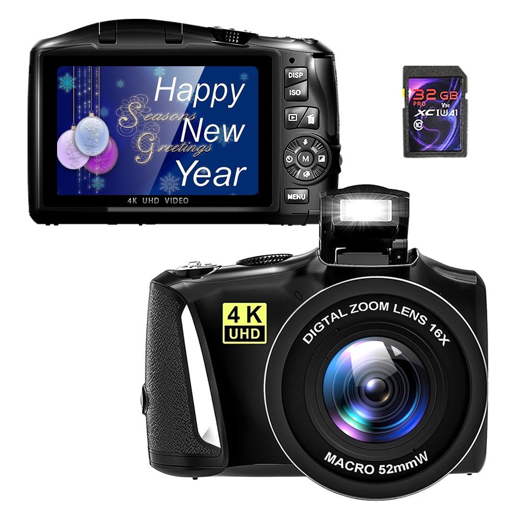A Ade Digitalkamera 4K, 48MP Fotokamera mit Makro-Objektiv Kompaktkamera (48 MP, inkl. 16X Zoomfaktor digital, Zeitraffer-Aufnahme, Loop-Aufnahme, Intervall-Foto, Slow-Motion-Aufnahme)