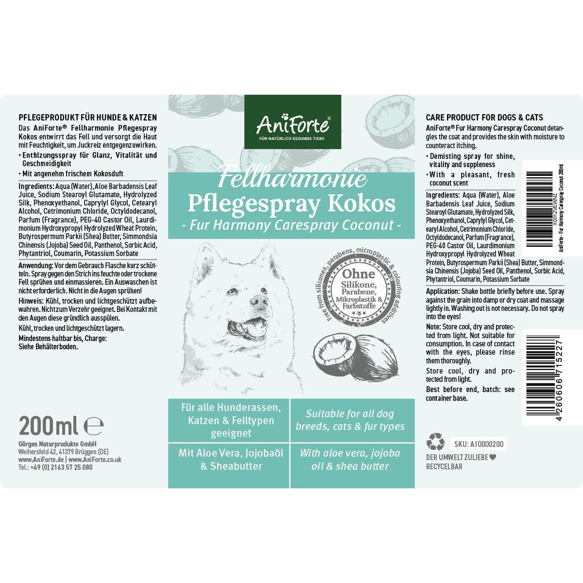Aniforte Fellpflege Aniforte Pflegespray Kokos Fellharmonie 200 ml