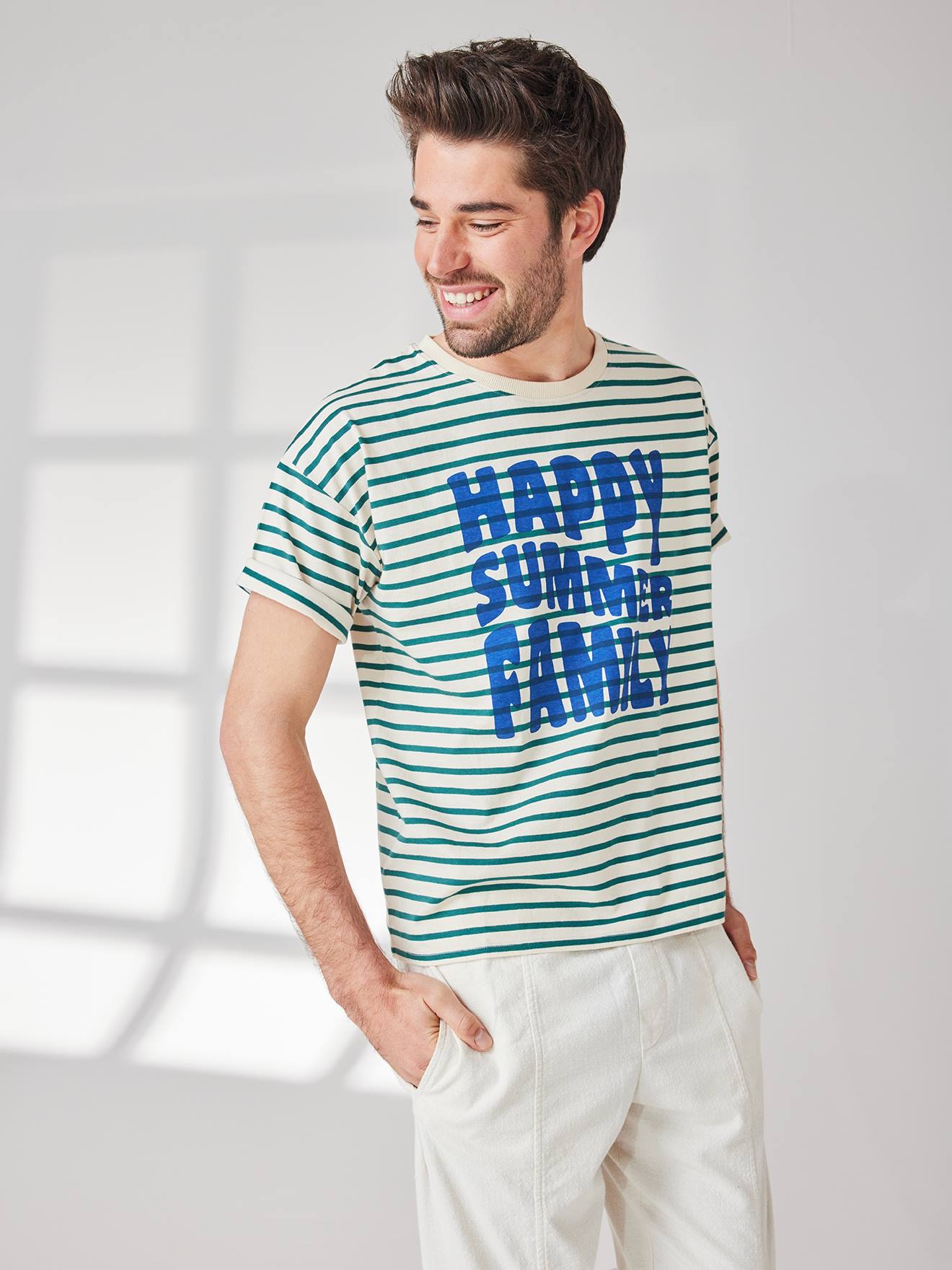 Vertbaudet Capsule Collection: Eltern T-Shirt HAPPY SUMMER FAMILY - grün gestreift