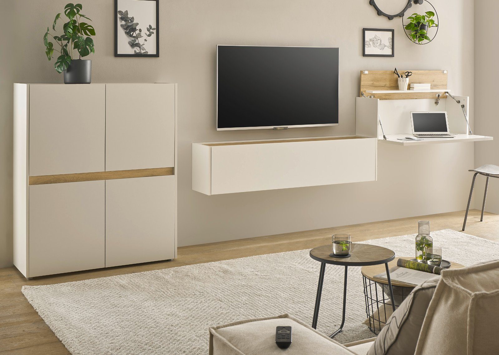 Furn.Design Wohnwand Center, (Wohnzimmer Set in weiß mit Wotan Eiche, 4-teilig, Breite 370 cm), integrierter Sekretär