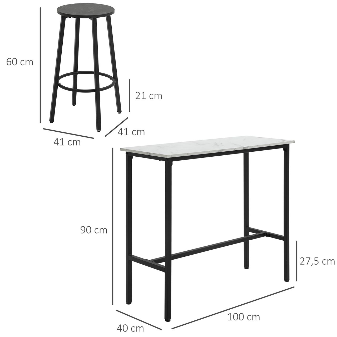 HOMCOM Bartisch mit Barhocker Set, 3-TLG. Bartisch Set, Esstisch mit 2 Barhocker