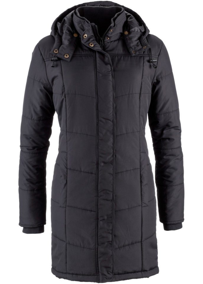 Long-Steppjacke, wattiert mit Kragen und Kapuze