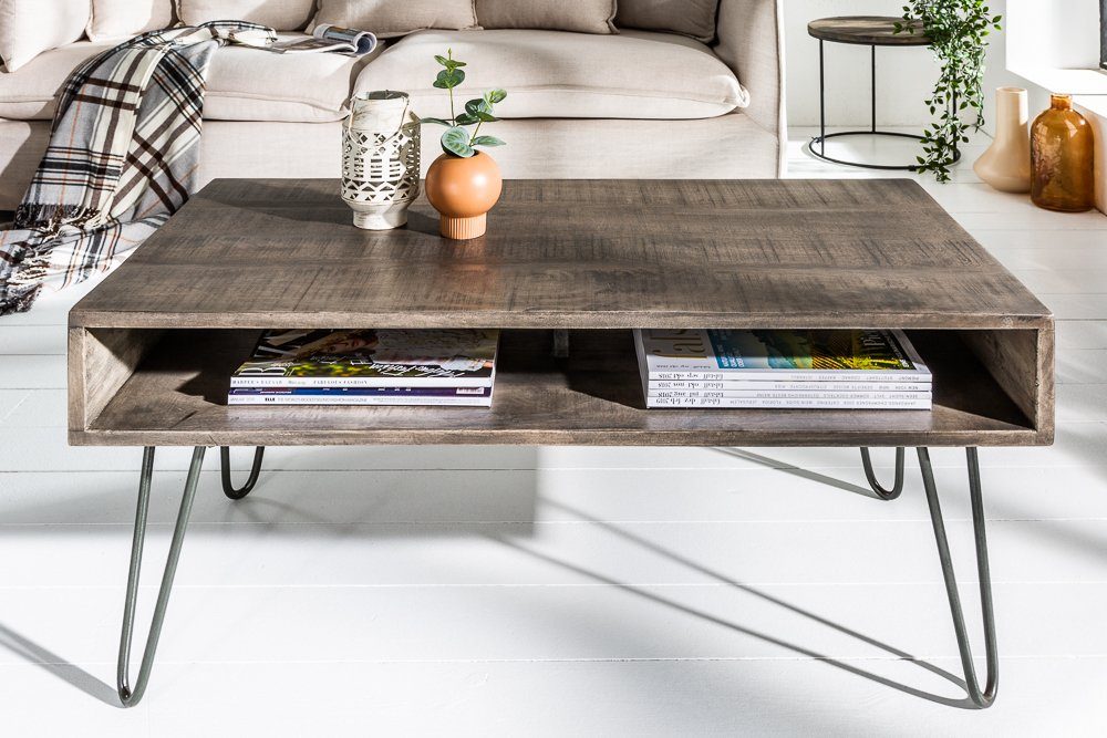 riess-ambiente Couchtisch SCORPION 100cm grau, Wohnzimmer · Massivholz · Metall · eckig · Hairpin Legs · Retro