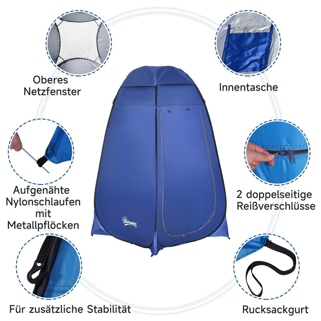Outsunny Pop up Toilettenzelt Mobiles Camping Duschzelt Umkleidezelt mit Innentasche Duschkabine Umkleidekabine Wasserfest Polyester Dunkelblau 120 x 120 x 190 cm