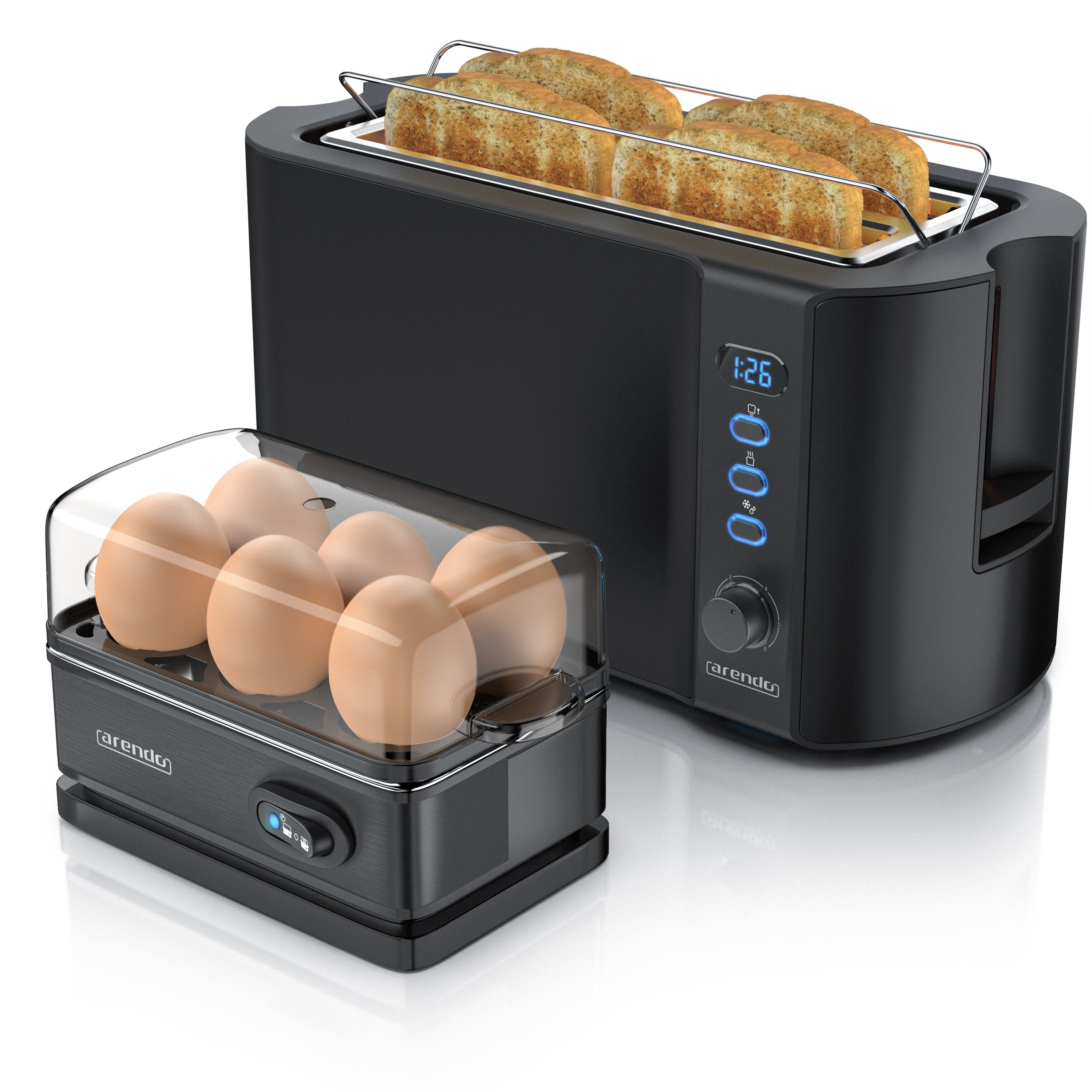 Arendo Frühstücks-Set (2-tlg), 4-Scheiben Langschlitz Toaster, 6er Eierkocher, Schwarz