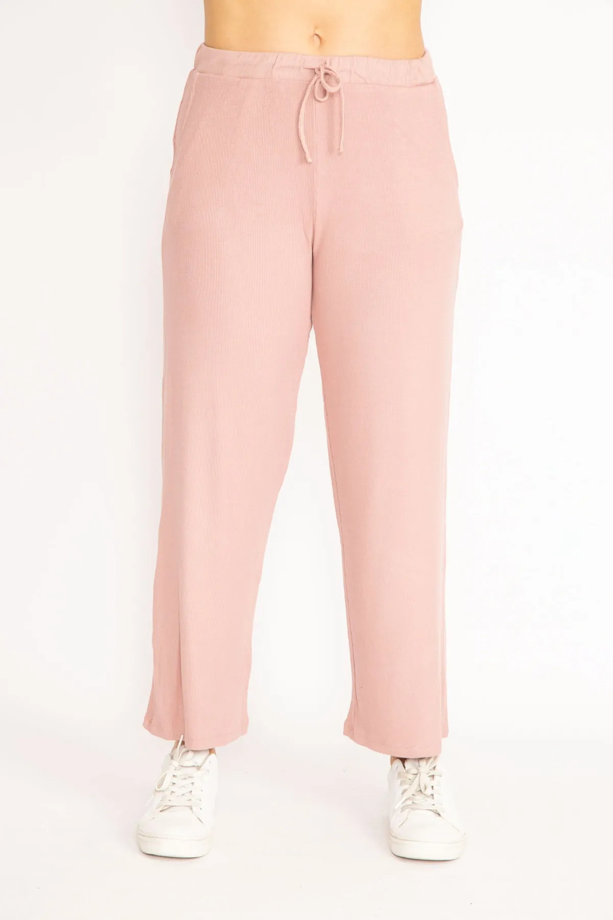 Şans  Große Damen-Hose mit selbstgestreifter Taille und Spitze in Pudergröße 65n35103