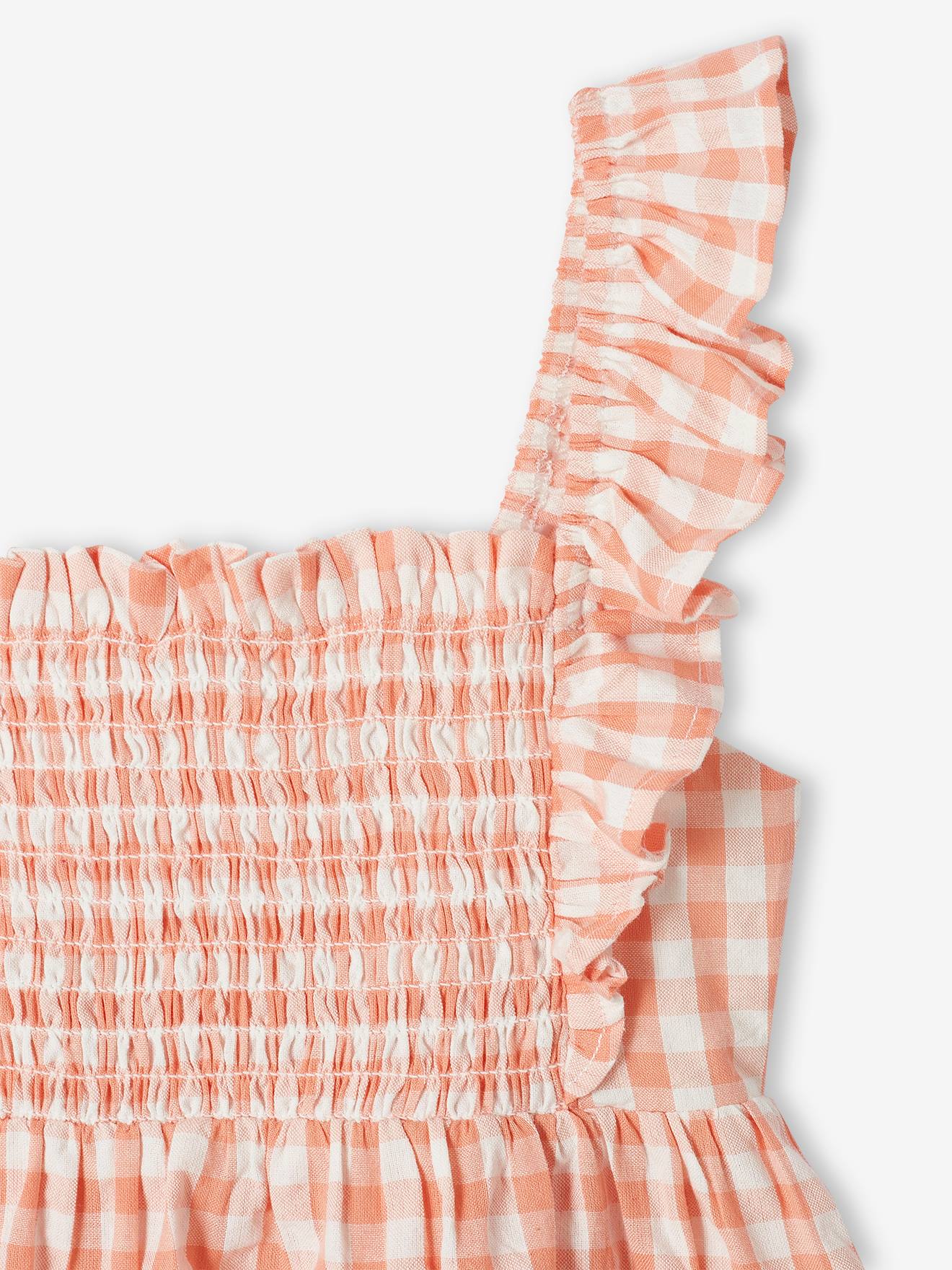 Blouse smockée à bretelles volantées fille corail