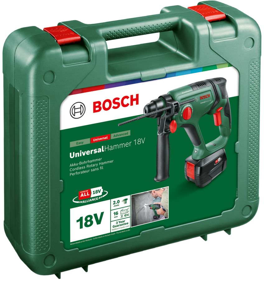 Bosch Green 06039D6004 Universalhammer 18V Akku-Bohrhammer mit 1x 4,0 Ah Akku und Ladegerät AL 1830 CV im Koffer