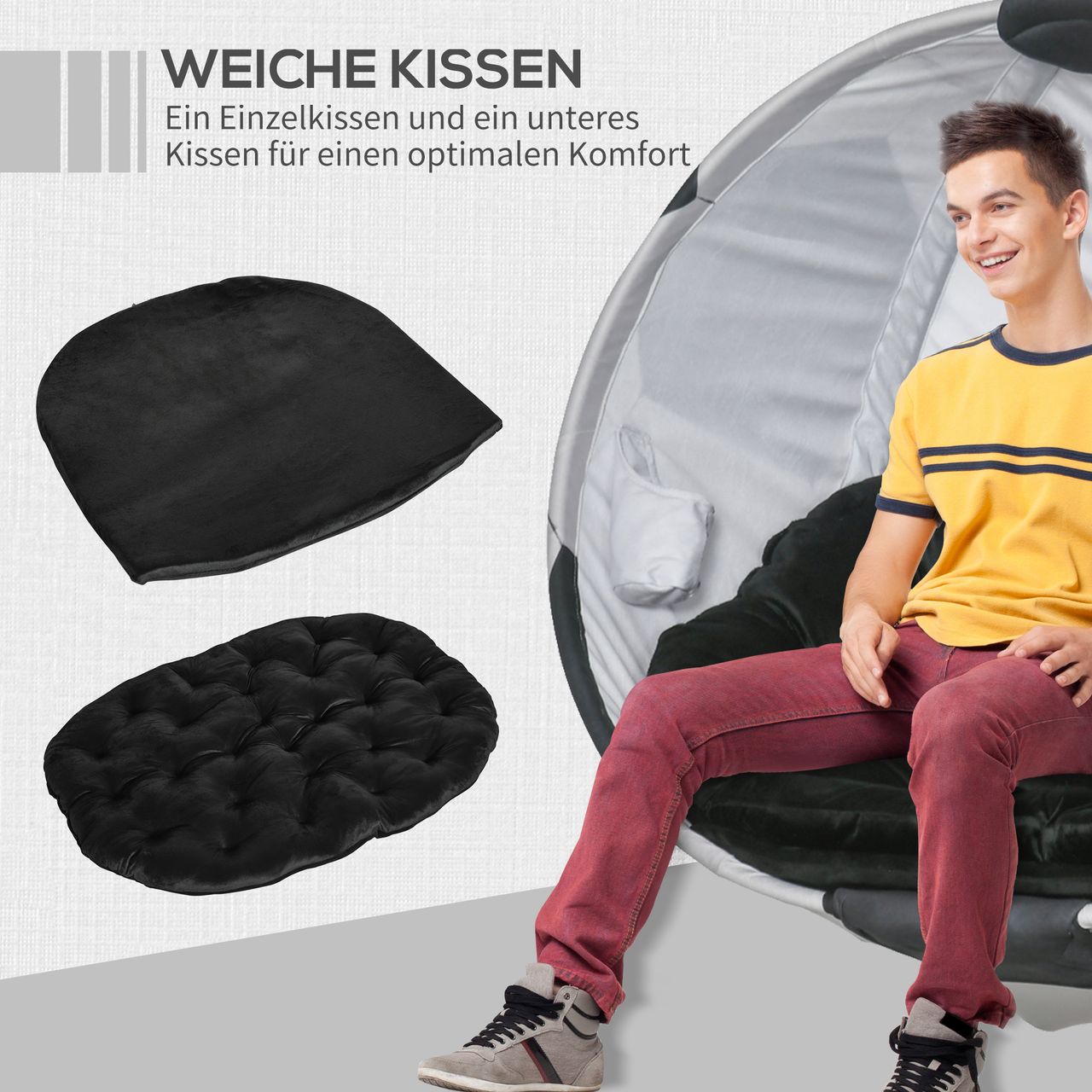 Outsunny Hängesessel Hängekorb mit Gestell Fußballdesign Hängeschaukel Hängestuhl mit Kissen Korb faltbar Stahl