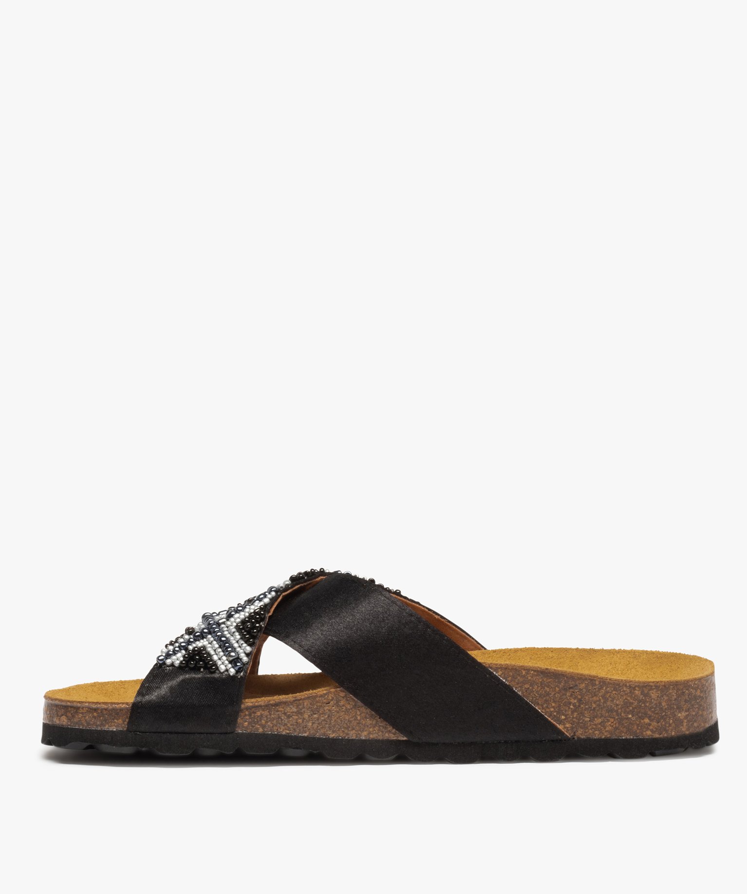 Mules femme avec brides croisées et perles de rocaille noir | GEMO