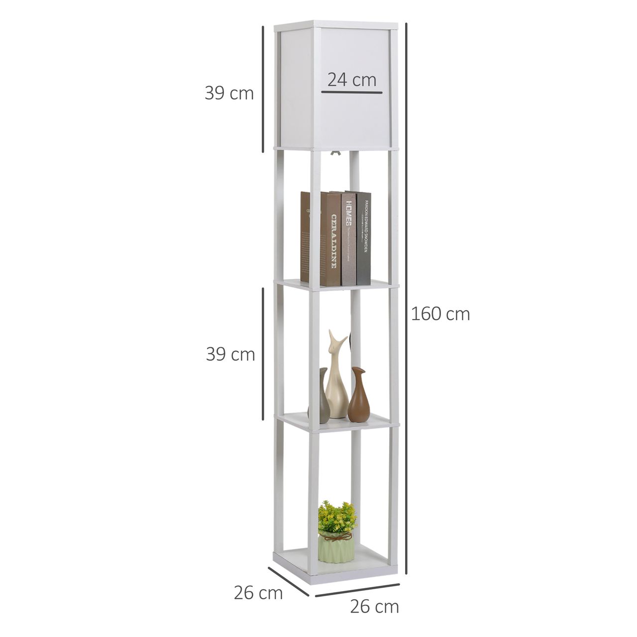 HOMCOM Stehleuchte Stehlampe mit 3 Regalen Innenbeleuchtung E27 bis 40W für Wohn-/Schlafzimmer E1-MDF, Acryl Weiß 26 x 26 x 160 cm