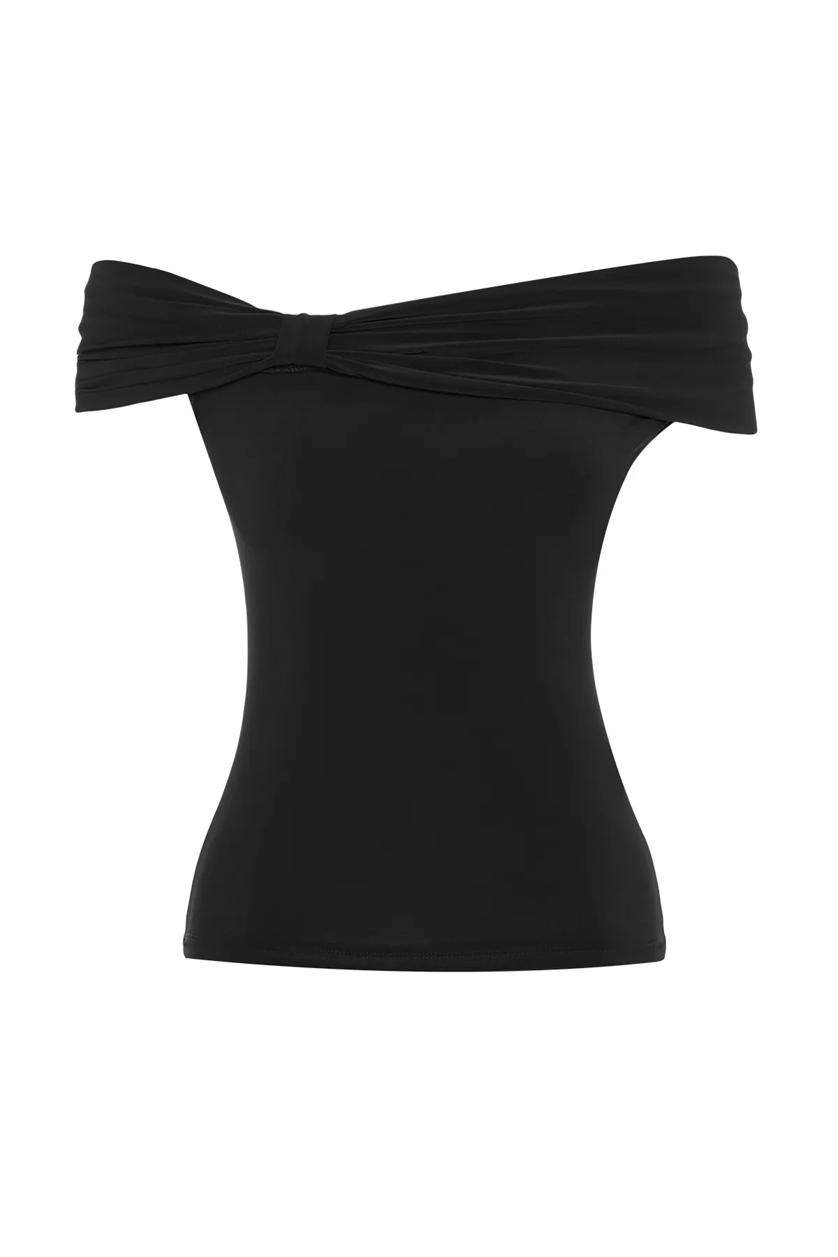 Trendyol Collection  Schwarze, taillierte, dehnbare, bauchfreie Strickbluse mit Carmenkragen TWOSS24BZ00368