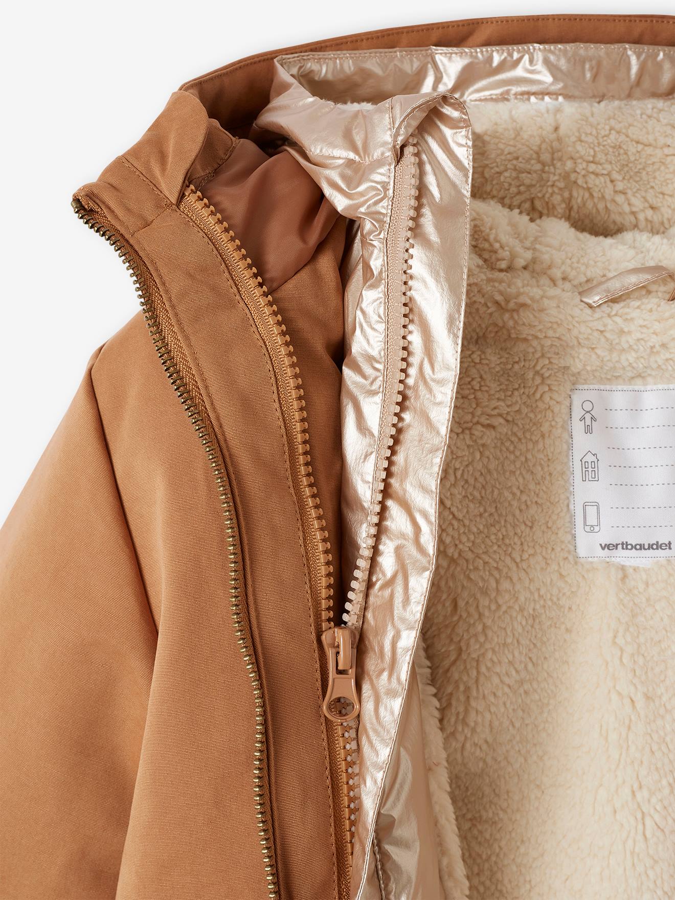 Parka à capuche 3 en 1 fille avec doudoune brillante doublée sherpa camel