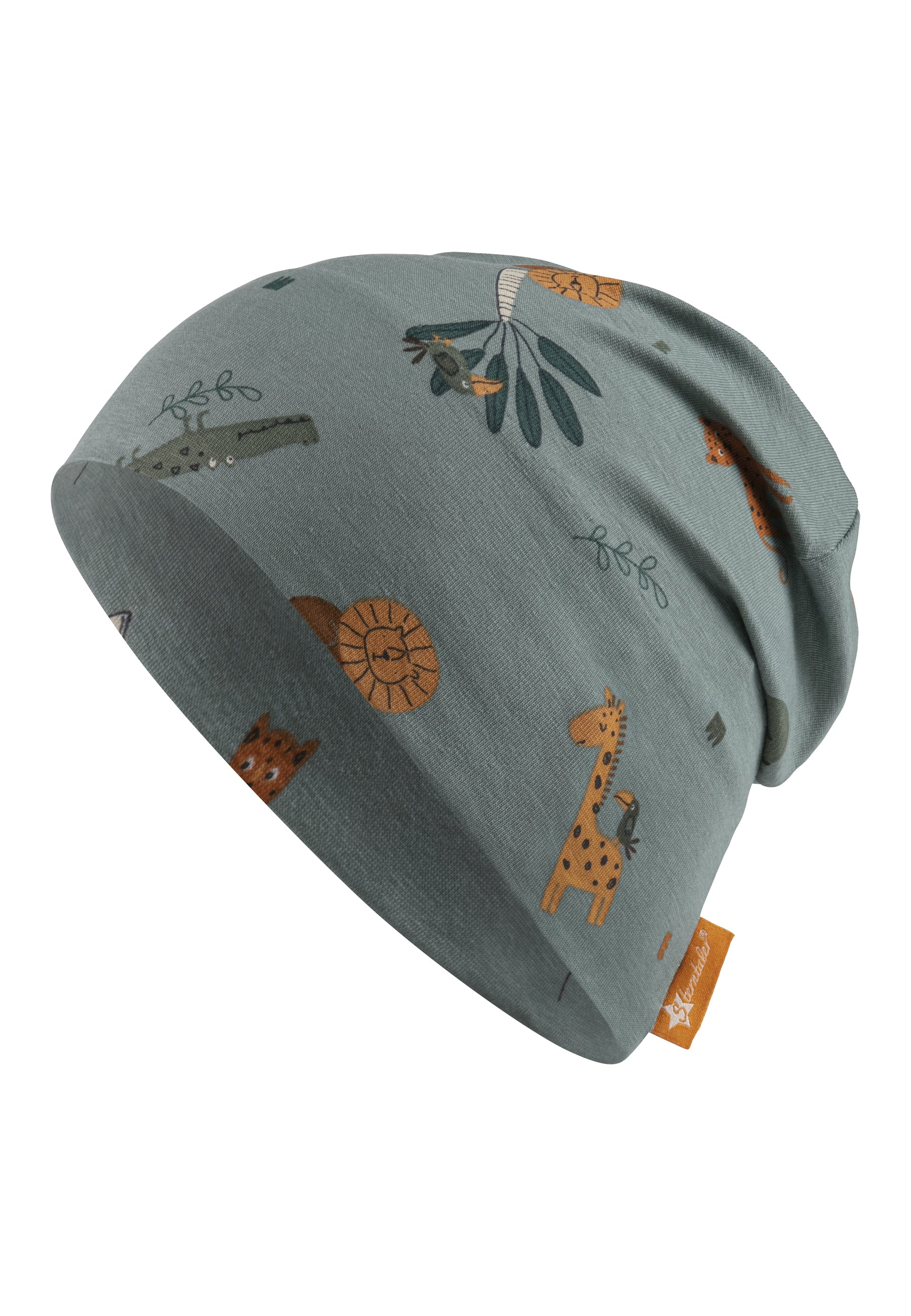 Beanie bedruckt mit Allover-Tiermotiv in mattgrün