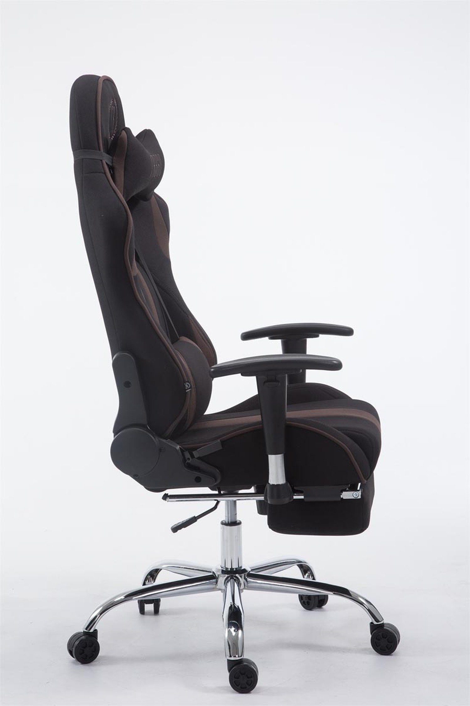 TPFLiving Gaming-Stuhl Limitless-2 mit bequemer Rückenlehne - höhenverstellbar - 360° drehbar (Schreibtischstuhl, Drehstuhl, Gamingstuhl, Racingstuhl, Chefsessel), Gestell: Metall chrom - Sitzfläche: Stoff schwarz/braun