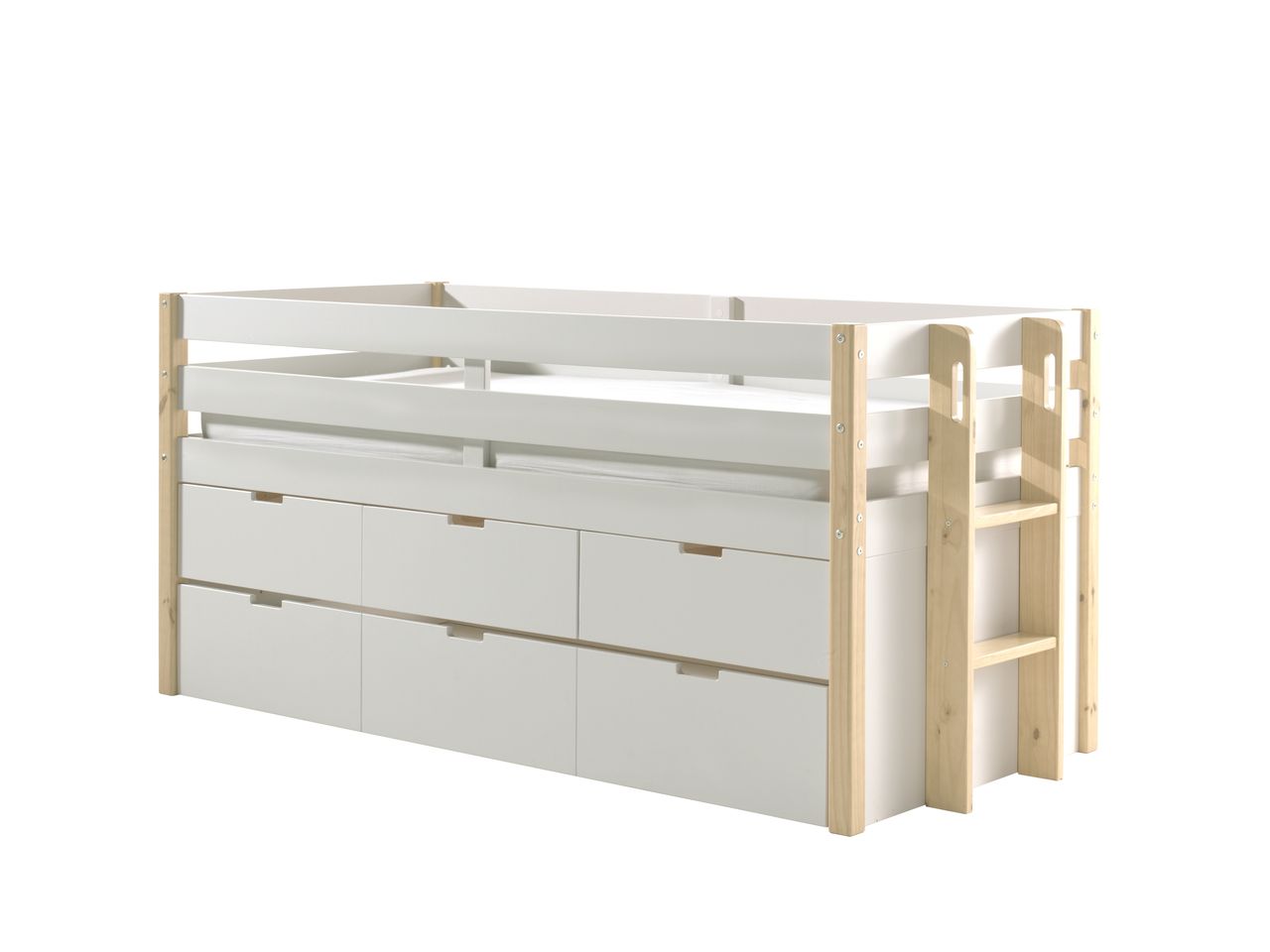 VIPACK Halbhohes Margrit Bett mit Rolllattenrost, Liegefläche 90 x 200, inkl. 3 Schubladen, inkl. Bettschublade auf Rollen, Ausf. Weiß lackiert, Bettpfosten Kiefer natur lackiert