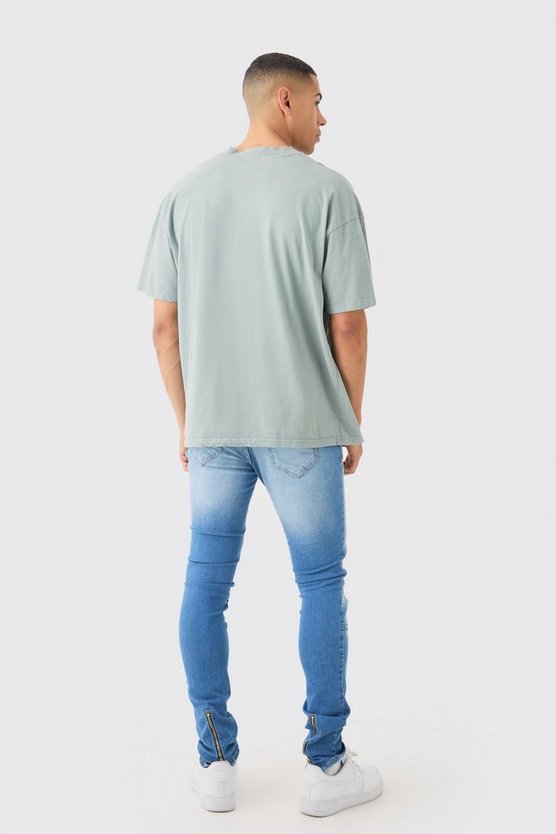 Skinny Stretch Stacked Ripped Carpenter Zip Hem Jeans In Light Blue