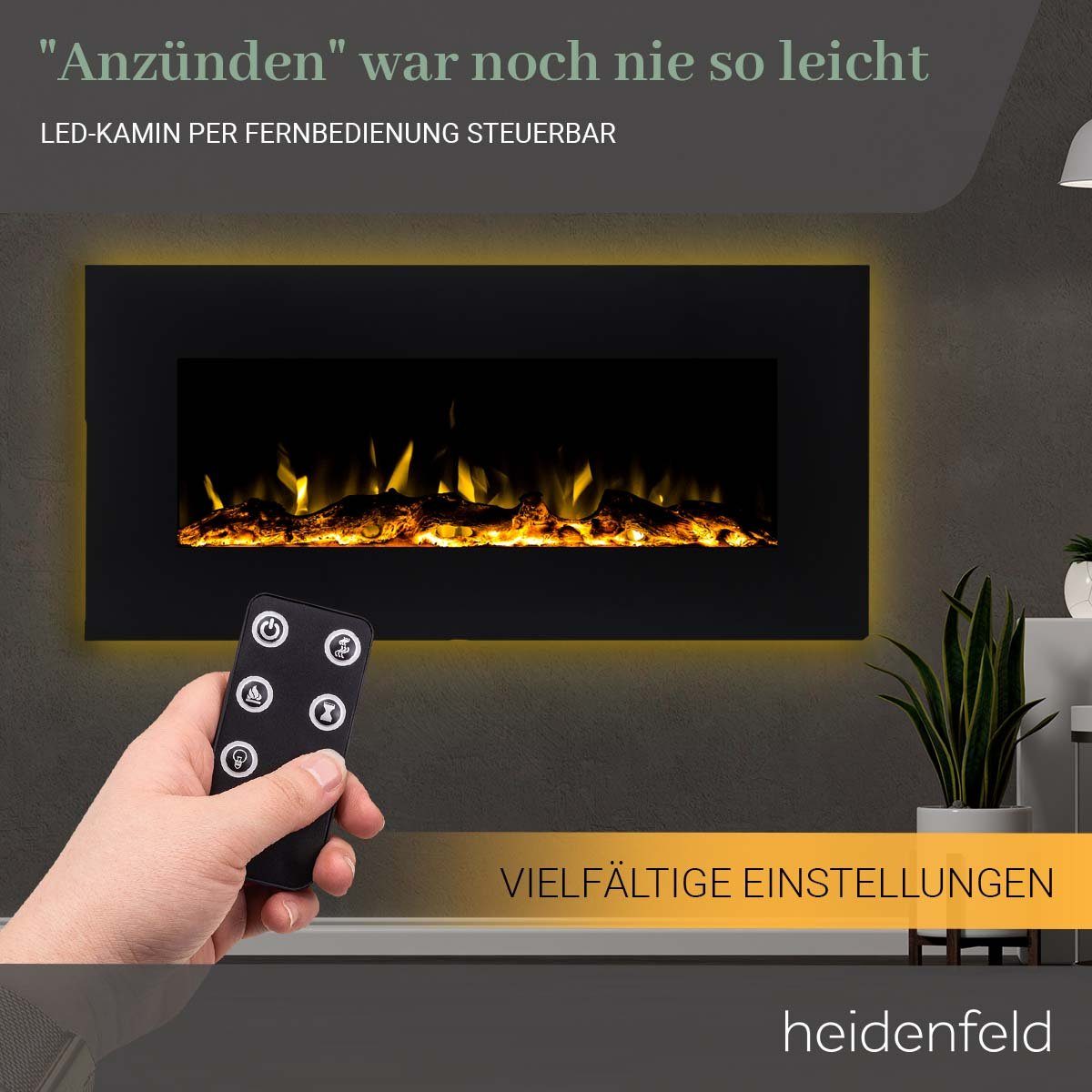 Heidenfeld Elektrokamin Kamin Heizung Wandkamin HF-WK500 750/1500 Watt inkl. 3 J. Garantie LED, 3D Flammen - Bluetooth Lautsprecher - Fernbedienung - Elektroheizung