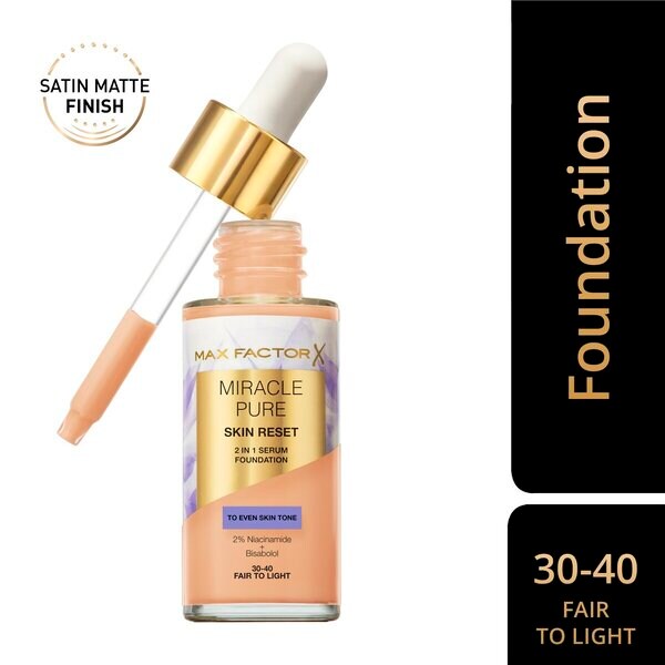 „Max Factor Miracle Pure Skin Reset 30-40 Fair to Light“ serumo makiažo pagrindas, 30 ml