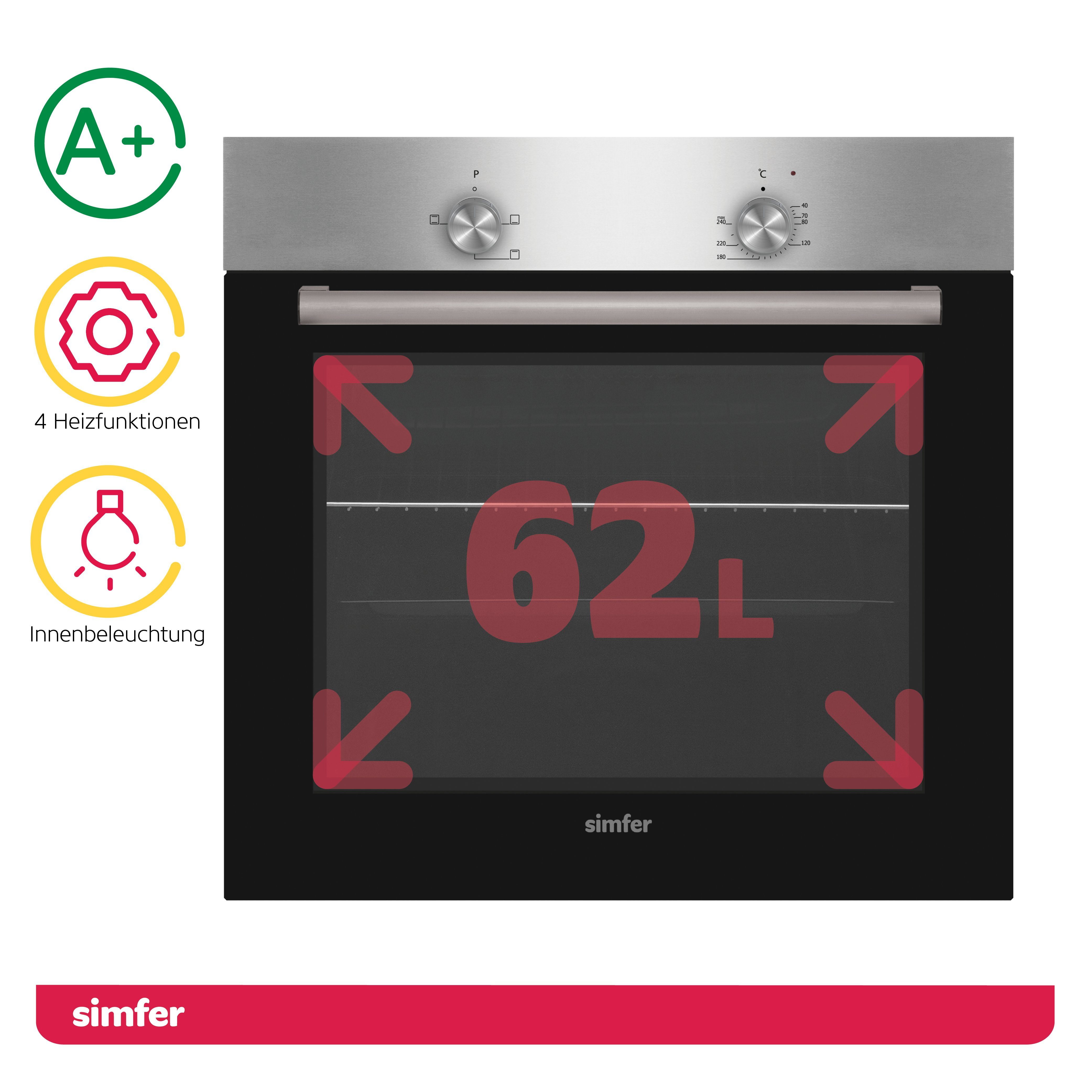 Simfer Einbaubackofen SMF-BO 6019, 60 cm, 62 L, 3 Funktionen, mit Teleskopauszug nachrüstbar, Backraumbeleuchtung, 2-fach Verglasung, Kühlgebläse