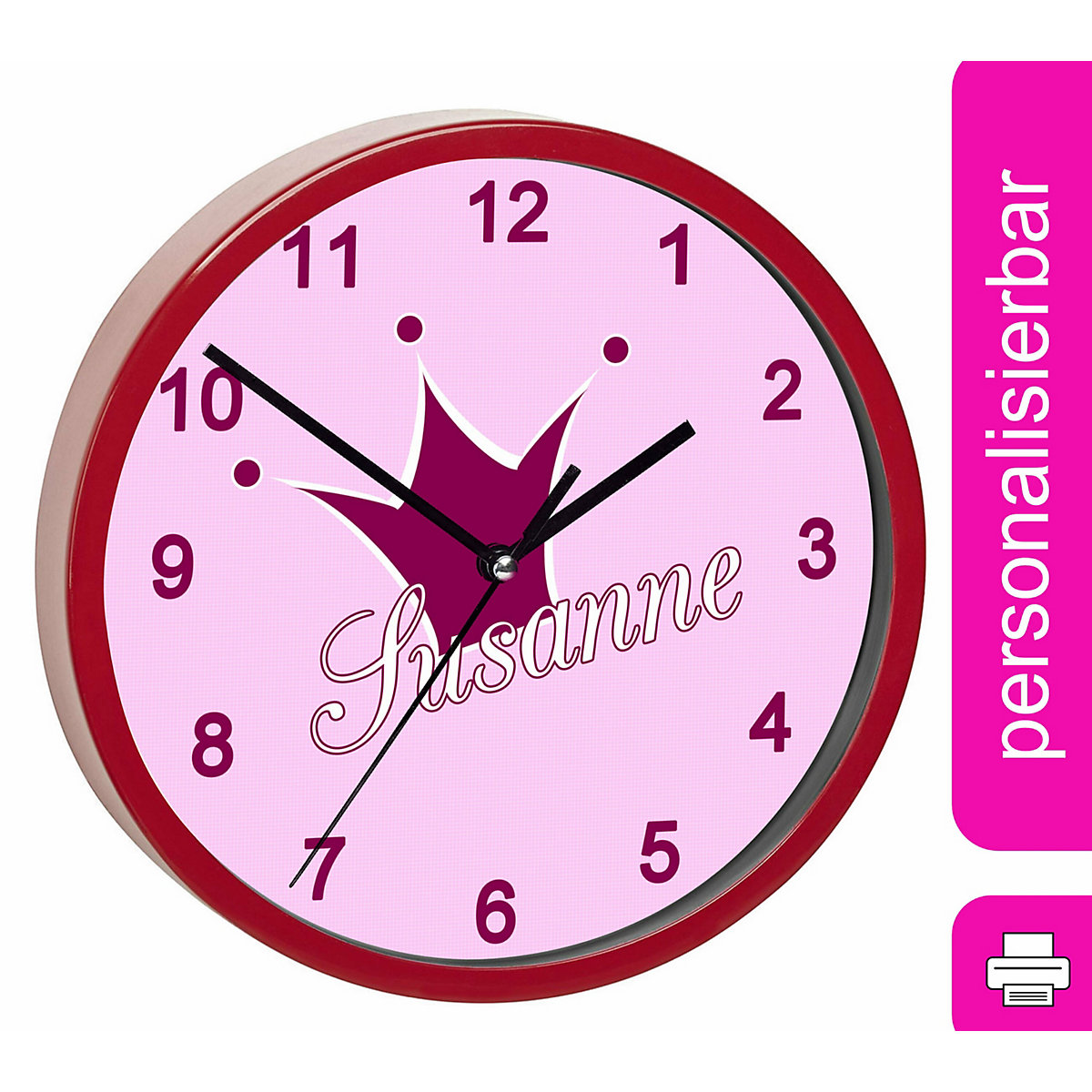Kinder Wanduhr laufruhig personalisiert mit Name Krone pink