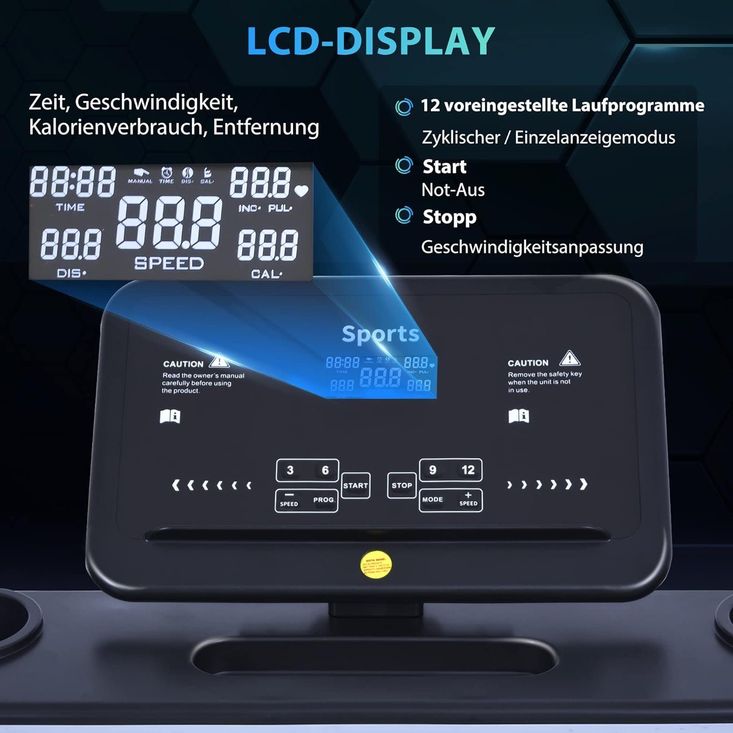 HOMCOM Laufband (Motorisiertes Laufband Fitnessgeräte Klappbar Heimtrainer), mit 12 Programmen und Handyhalterung Belastbarkeit bis 100 kg Stahl+PP