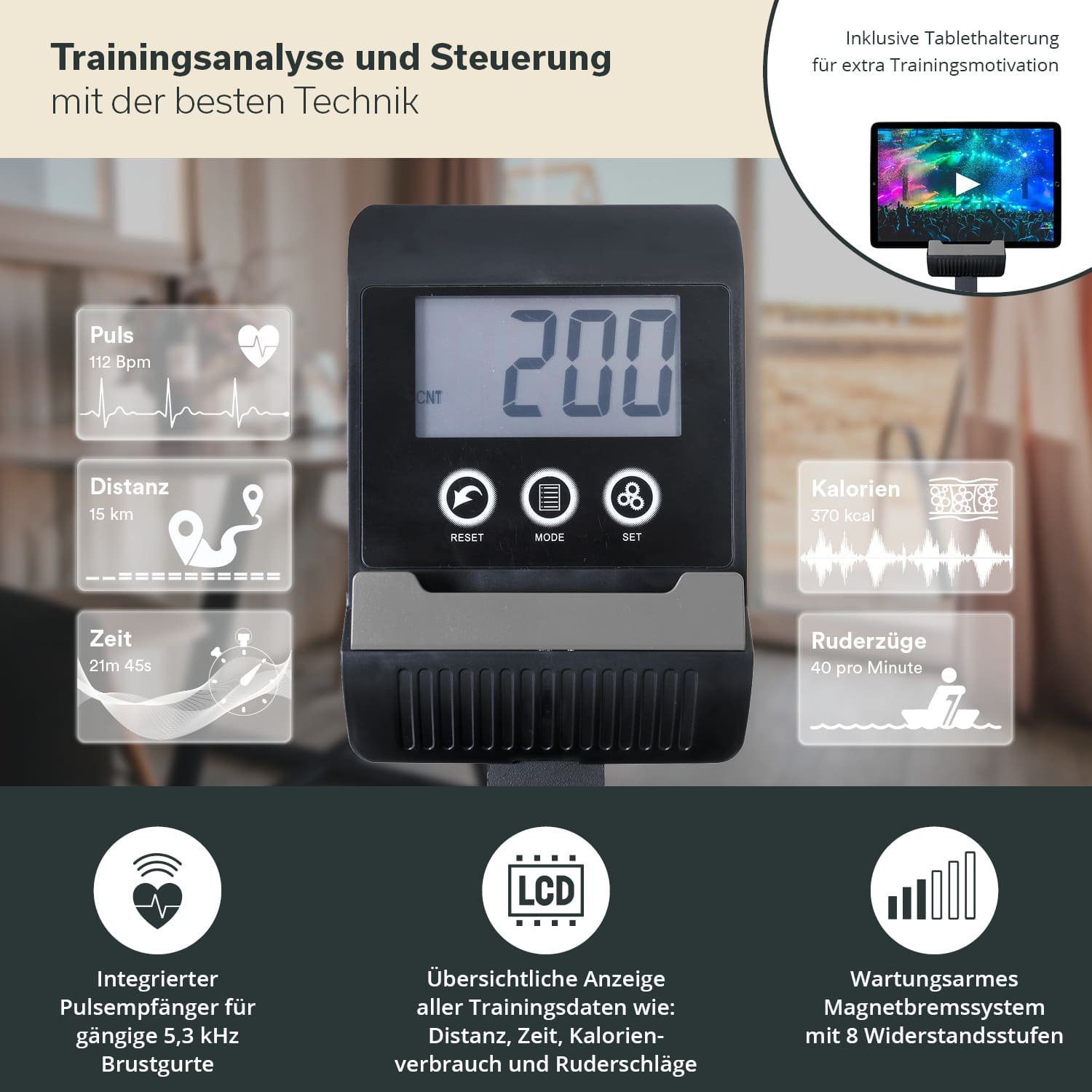 Skandika Rudergerät Venn (grau) mit Multifunktionscomputer, Ruderergometer, Tablet-Halterung