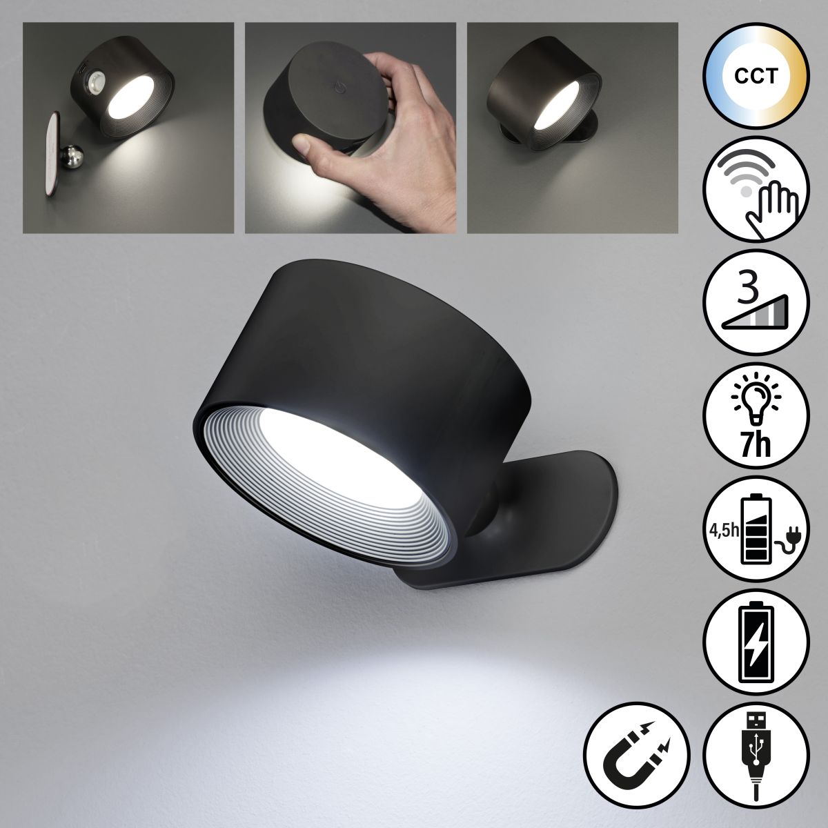 Fischer & Honsel Akku Wandlampe Magnetic Schwarz Ø 8 cm