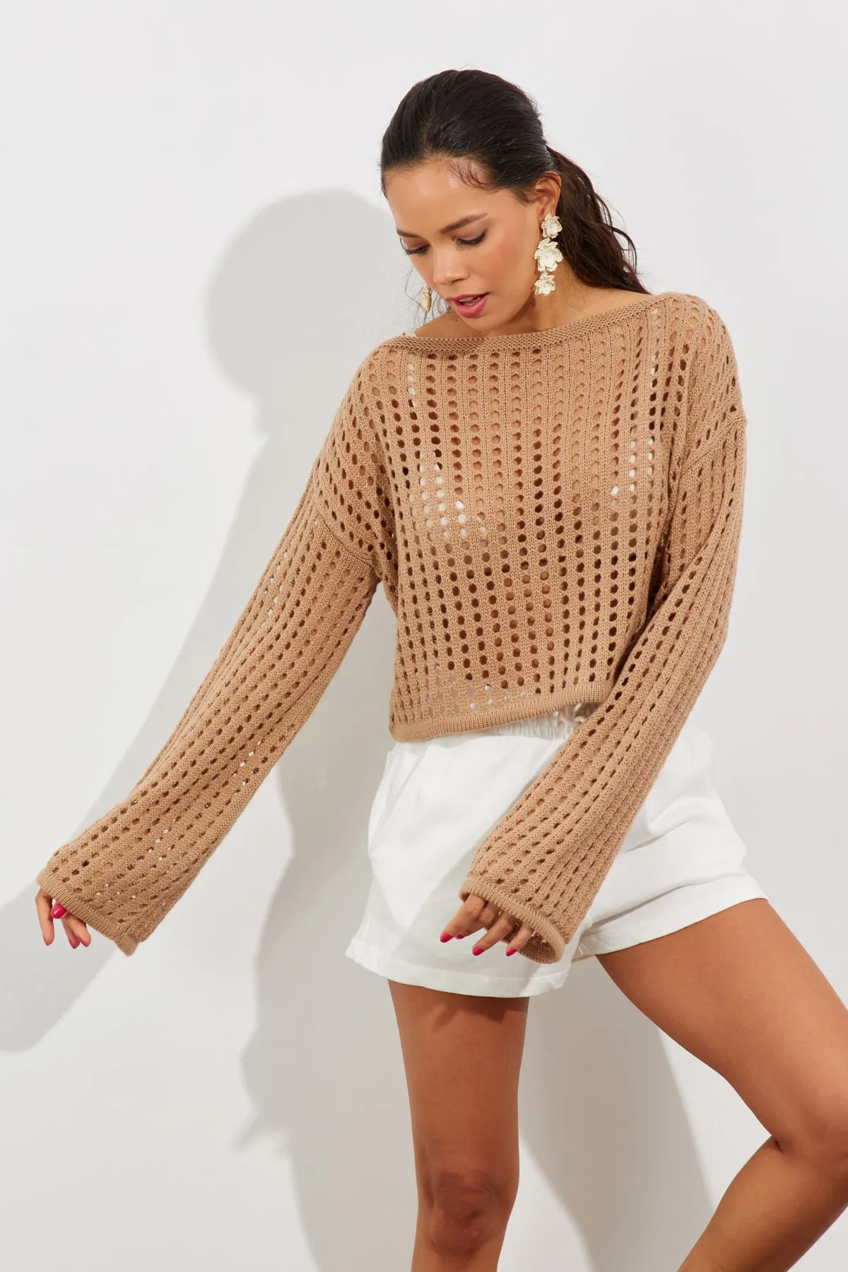 Cool & Sexy  Damen-Kurzbluse aus durchbrochenem Strick mit spanischen Ärmeln in Kamelblau, SMT181
