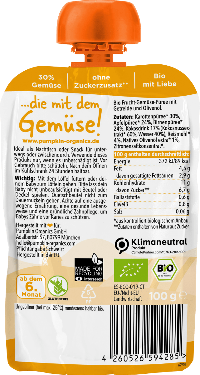 Quetschie Karotte, Apfel, Birne, Kokos & Reis, ab 6 Monaten, 100 g