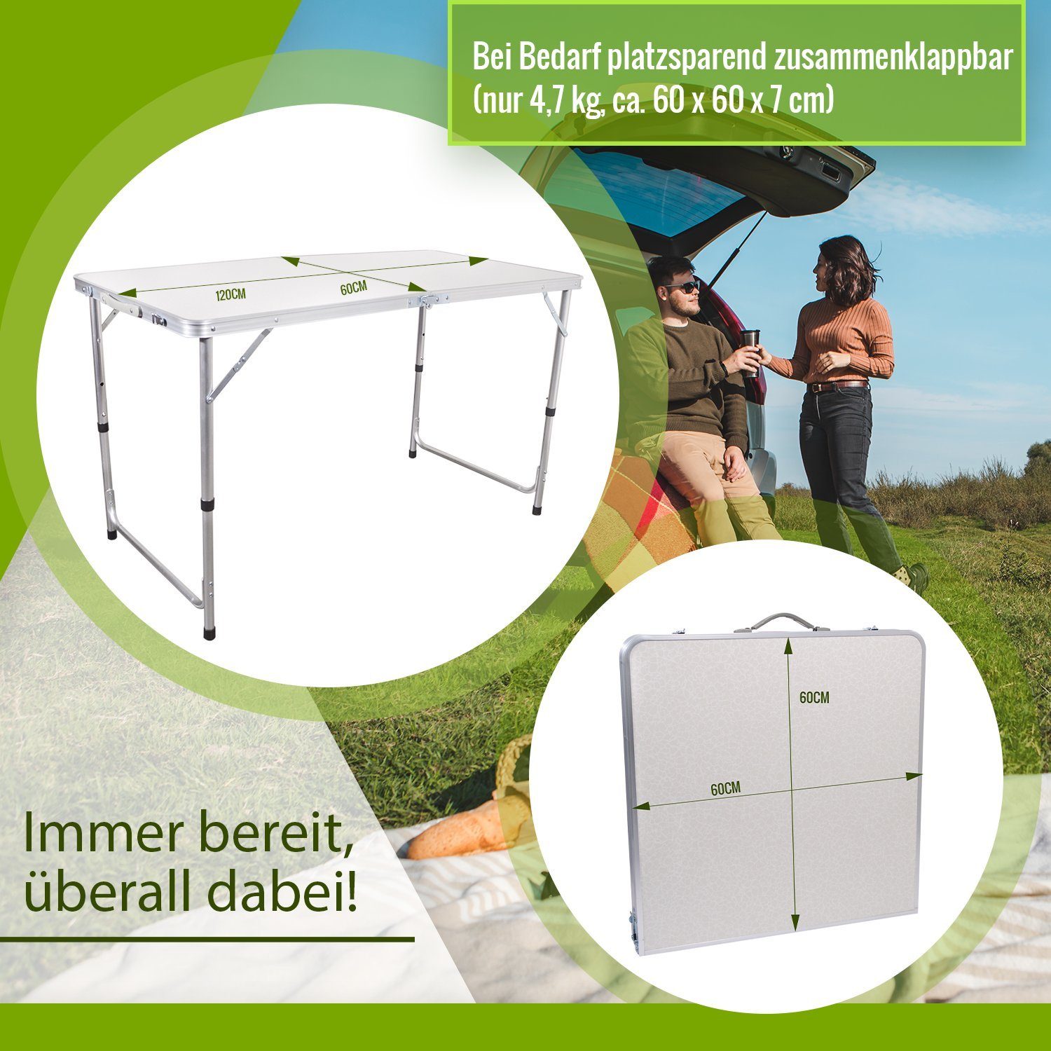 TroniTechnik Klapptisch Klapptisch Campingtisch, Klappbarer Mehrzwecktisch (in Weiß aus Aluminium, für Terrasse, höhenverstellbar bis 70cm), Wetterfest und trag für Garten, Camping, Balkon